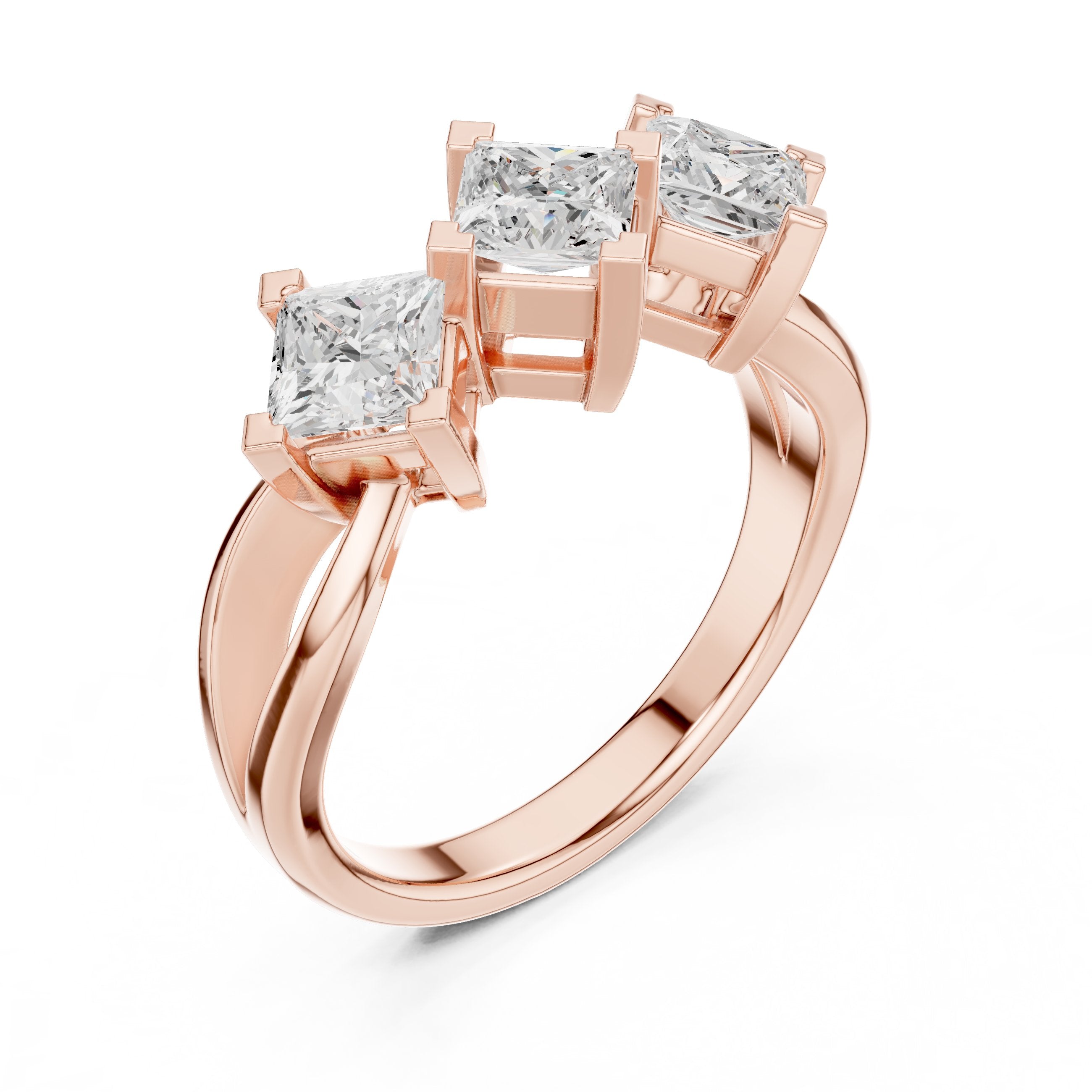 Princess Cut Three Stone Engagement Ring with Kite Orientation in Rose Gold - VYKA Diamonds