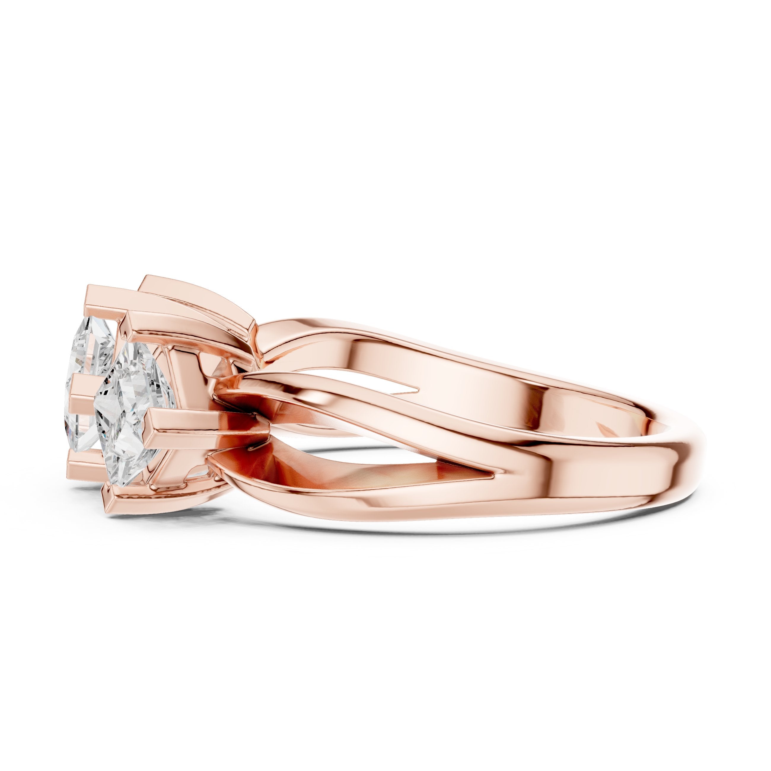 Princess Cut Three Stone Engagement Ring with Kite Orientation in Rose Gold - VYKA Diamonds
