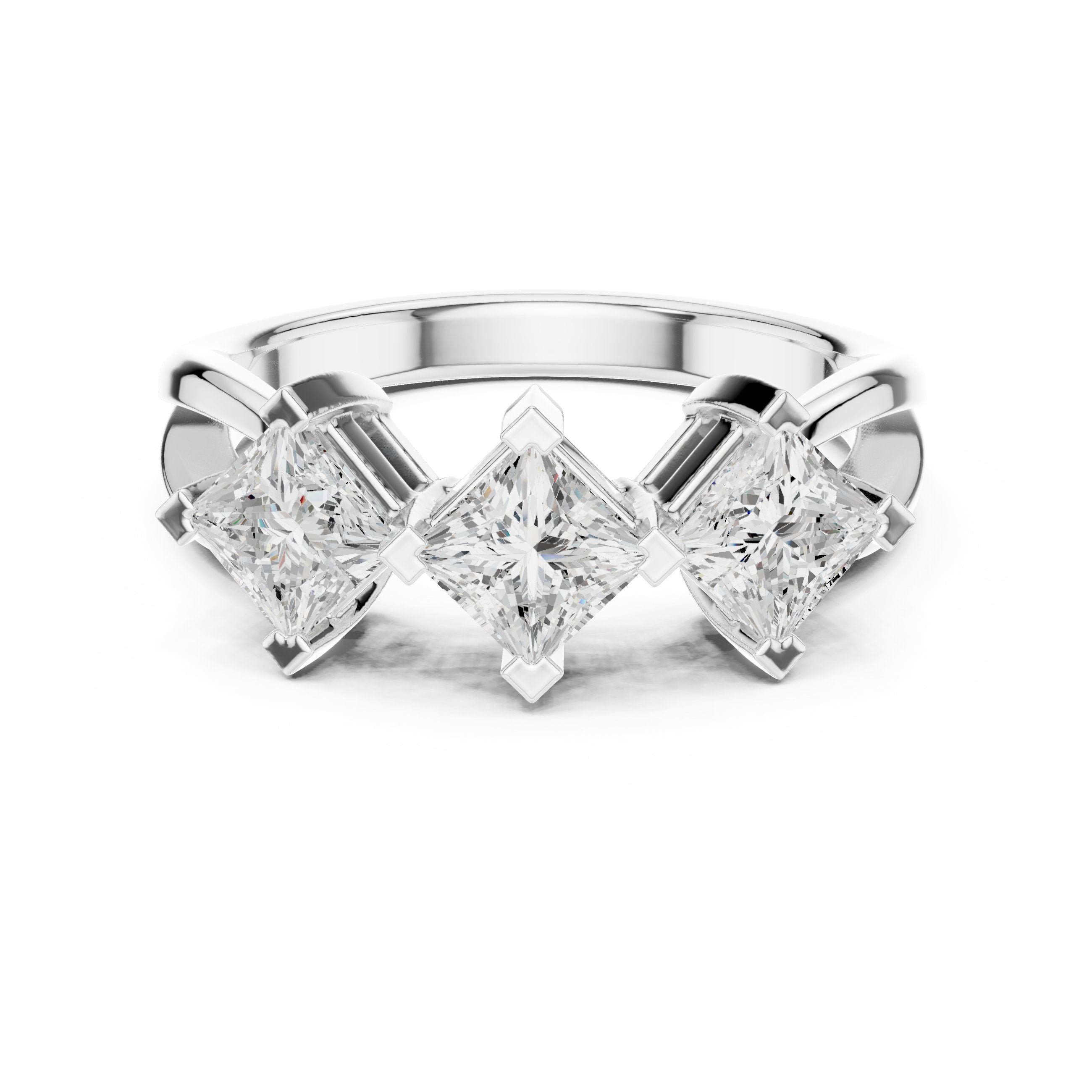 Princess Cut Three Stone Engagement Ring with Kite Orientation in White Gold - VYKA Diamonds