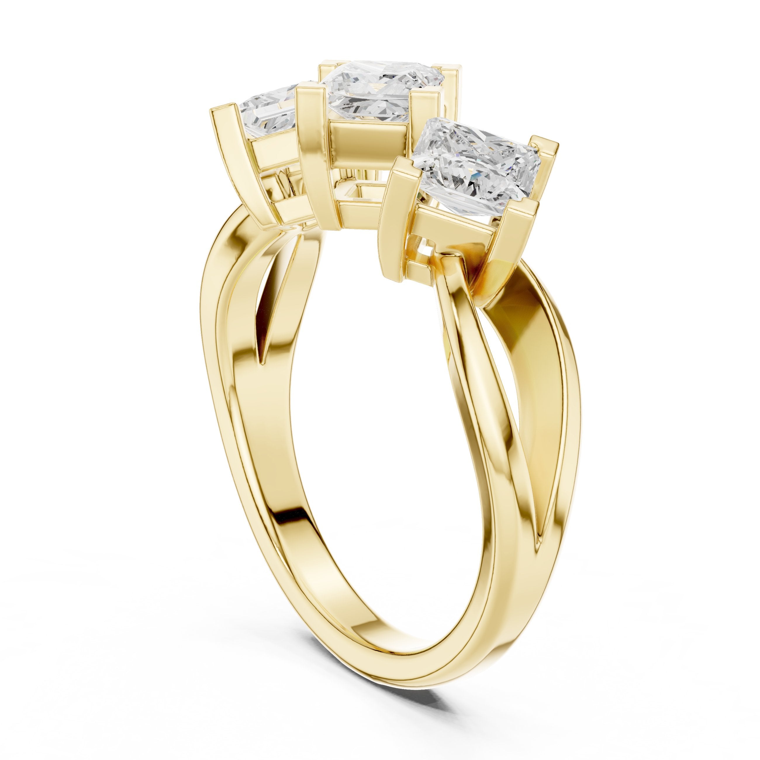 Princess Cut Three Stone Engagement Ring with Kite Orientation in Yellow Gold - VYKA Diamonds