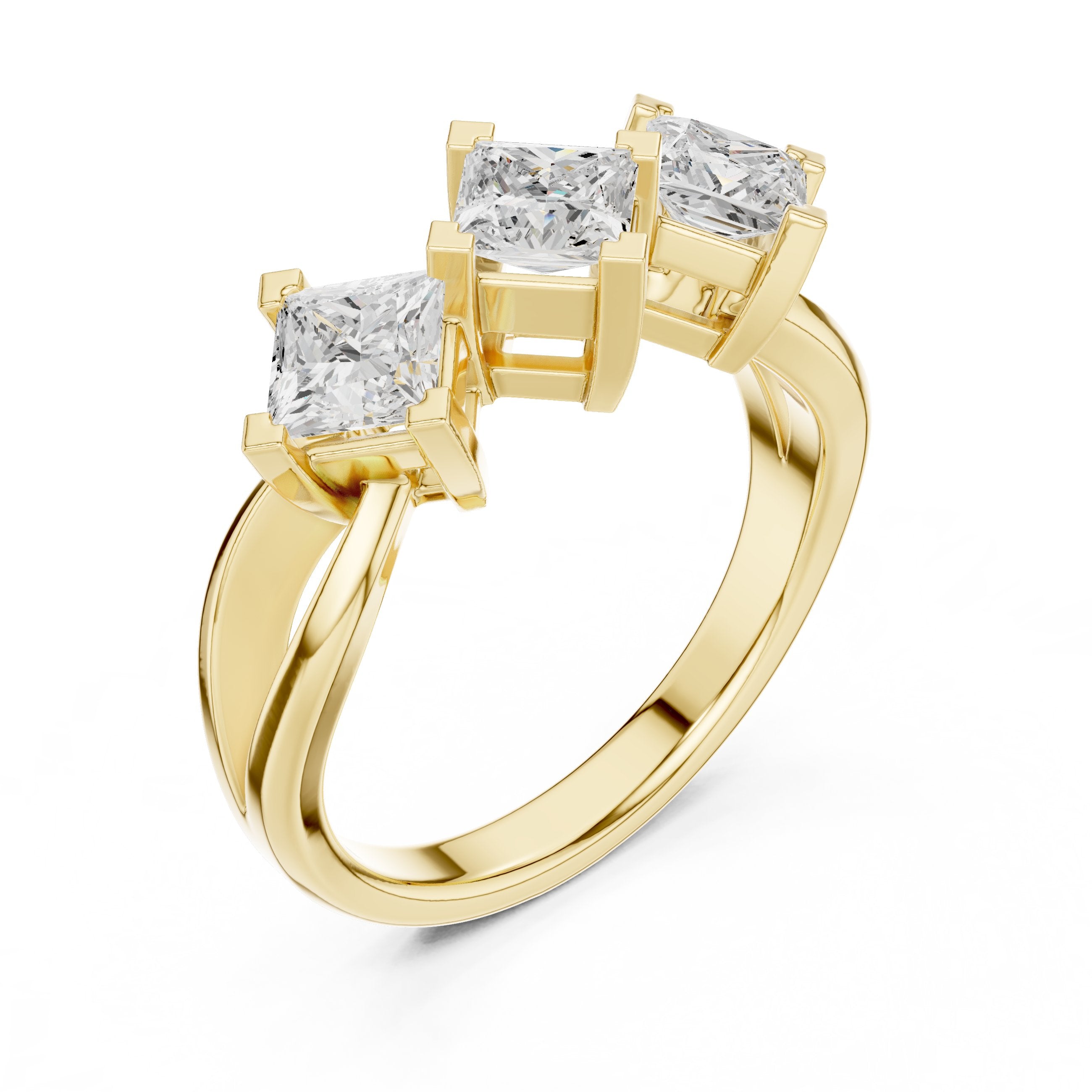 Princess Cut Three Stone Engagement Ring with Kite Orientation in Yellow Gold - VYKA Diamonds