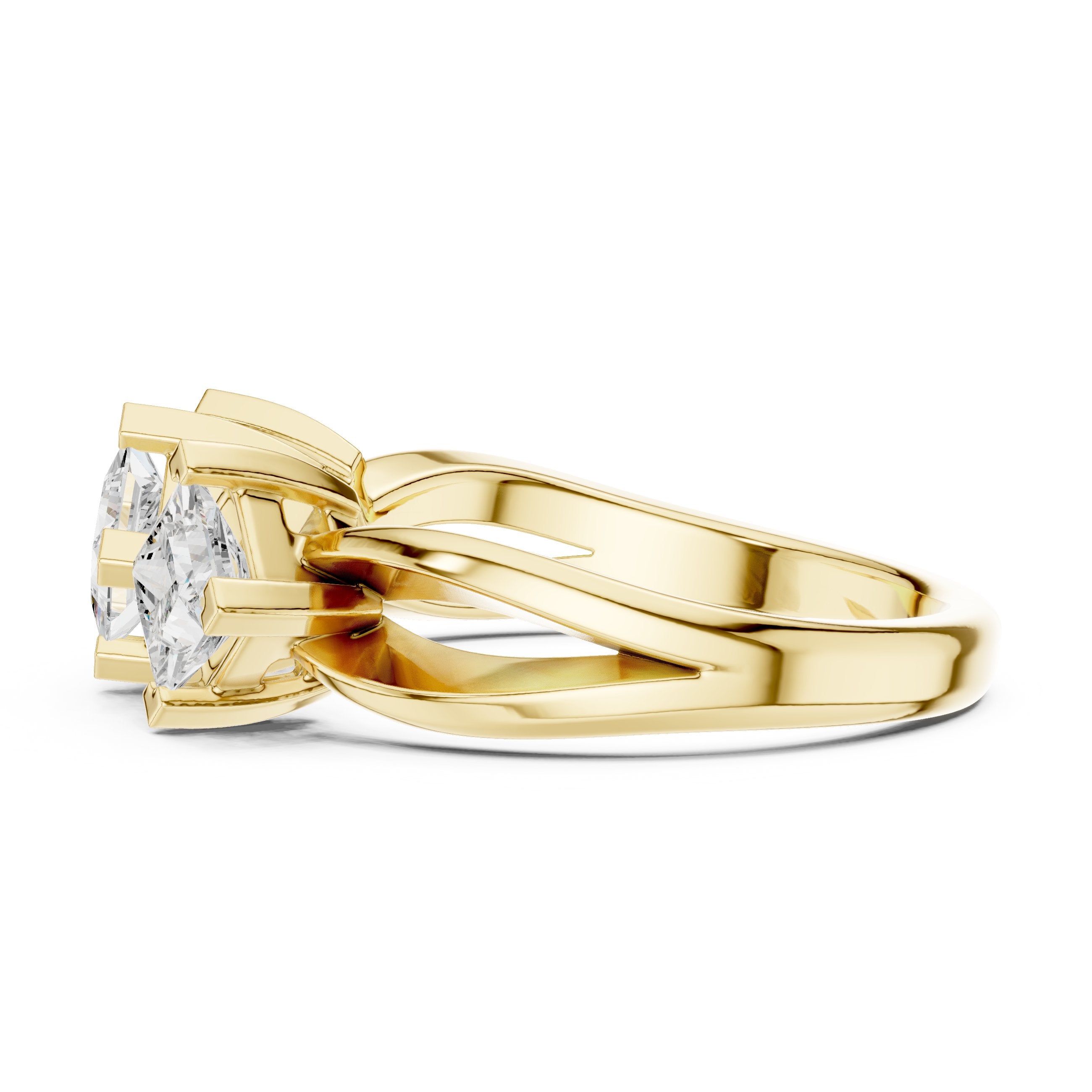 Princess Cut Three Stone Engagement Ring with Kite Orientation in Yellow Gold - VYKA Diamonds