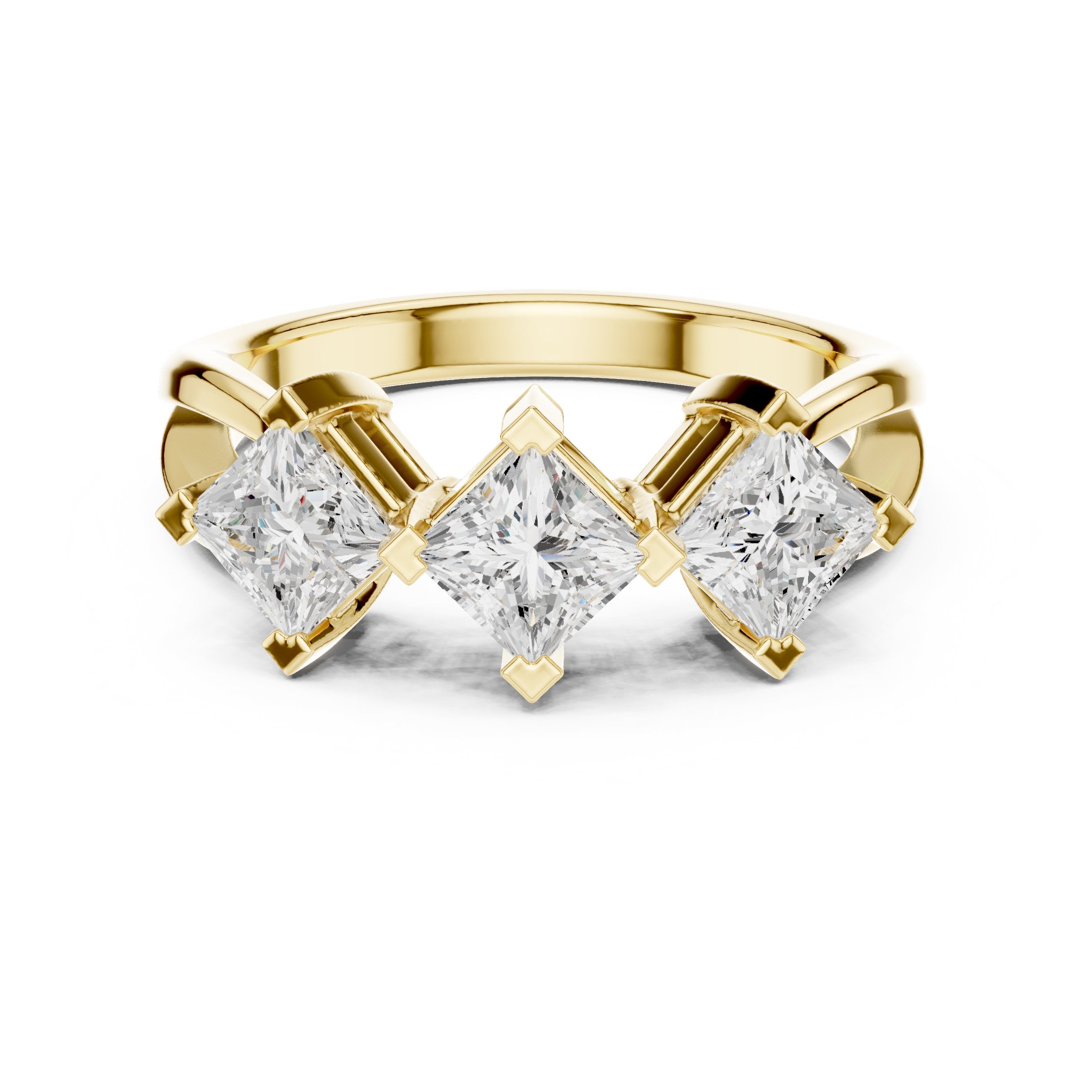 Princess Cut Three Stone Engagement Ring with Kite Orientation in Yellow Gold - VYKA Diamonds