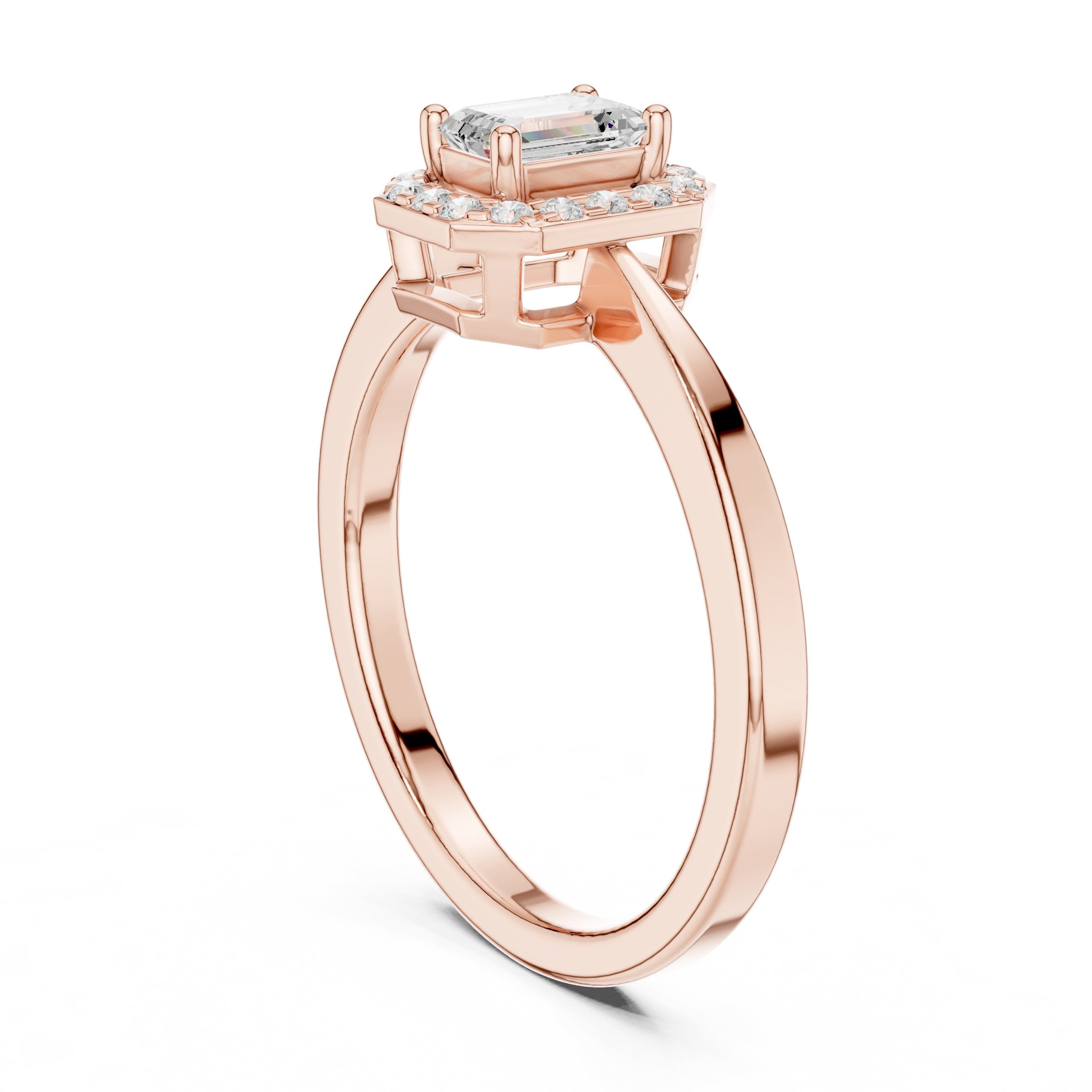 Emerald Cut Diamond Octagonal Halo Engagement Ring in Rose Gold - VYKA Diamonds