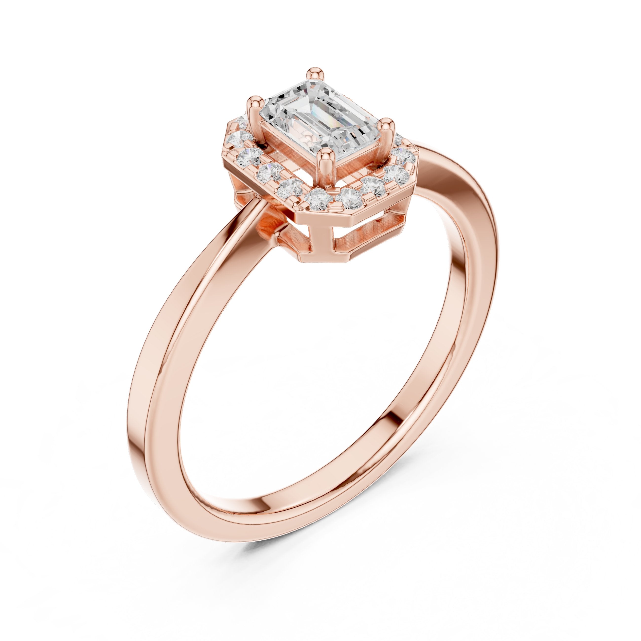 Emerald Cut Diamond Octagonal Halo Engagement Ring in Rose Gold - VYKA Diamonds