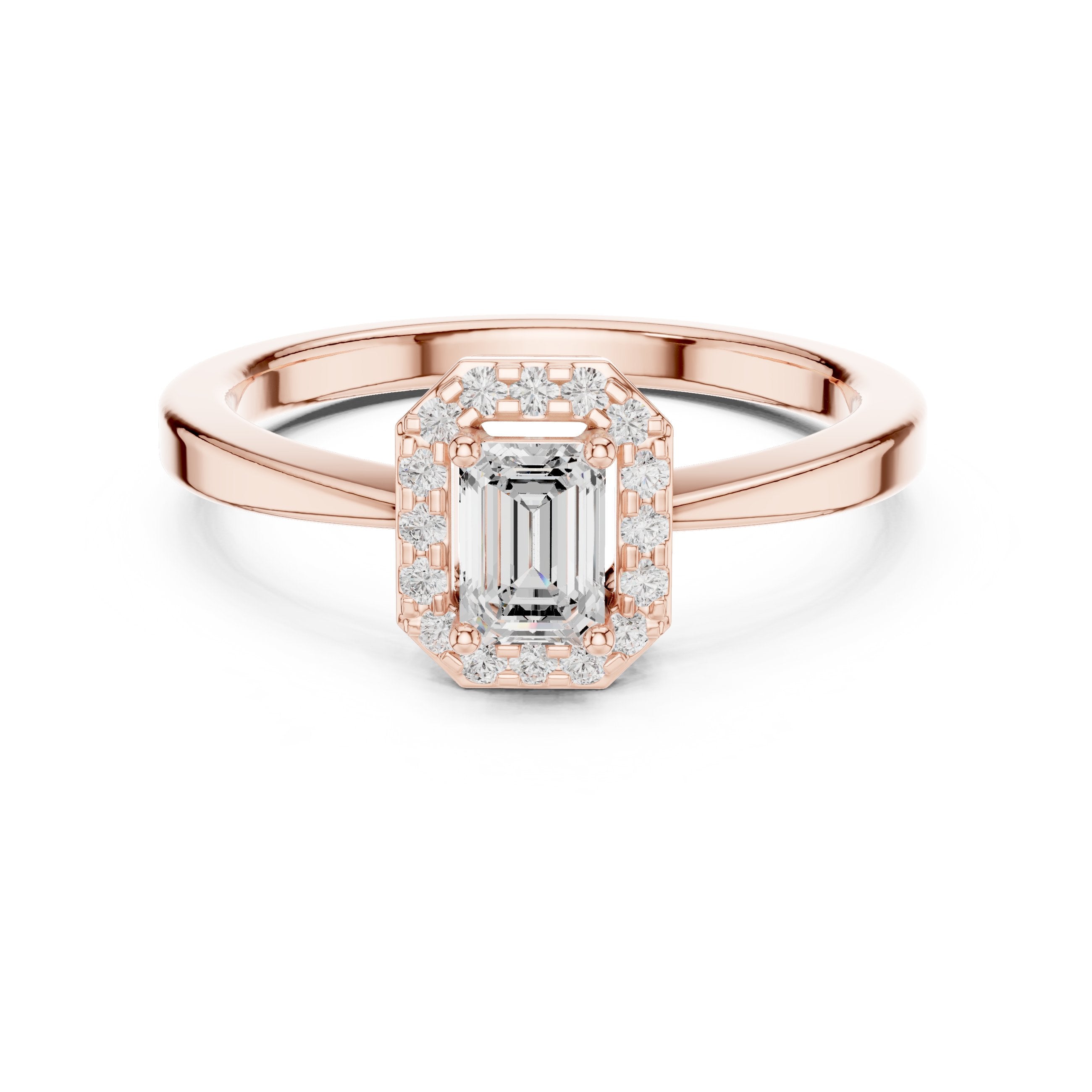 Emerald Cut Diamond Octagonal Halo Engagement Ring in Rose Gold - VYKA Diamonds