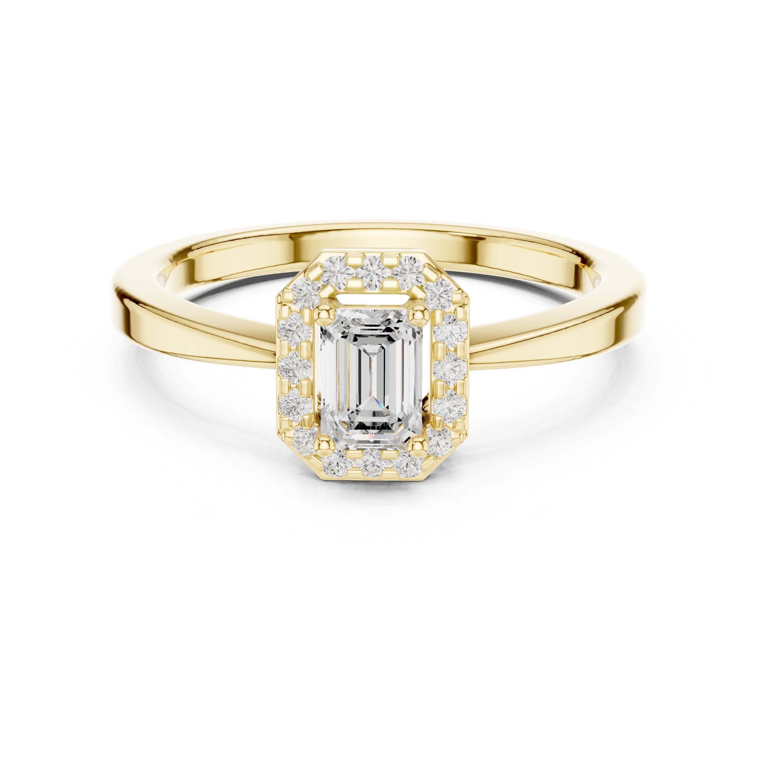 Emerald Cut Diamond Octagonal Halo Engagement Ring in Yellow Gold - VYKA Diamonds