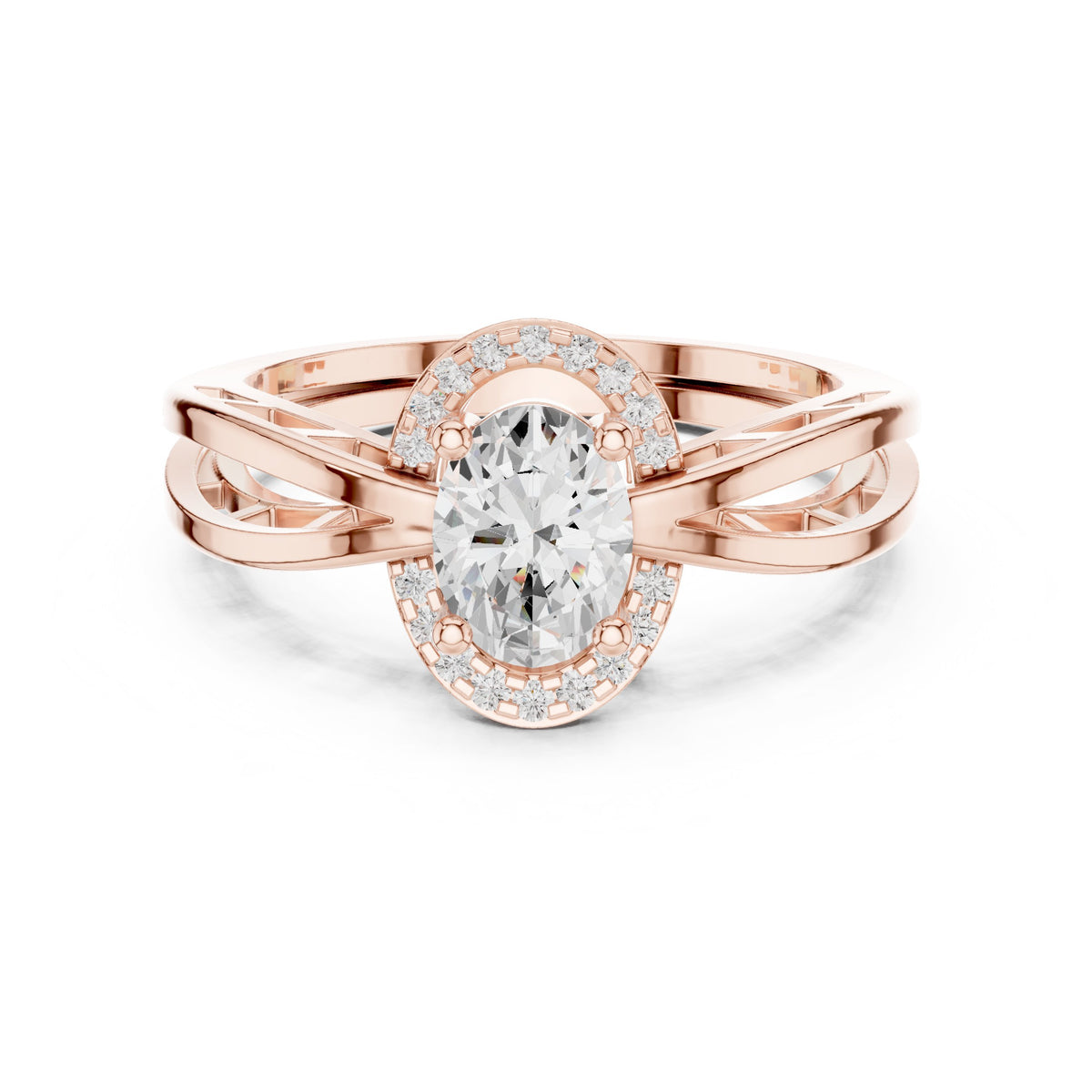 Oval Diamond Halo Engagement Ring with Braided Band