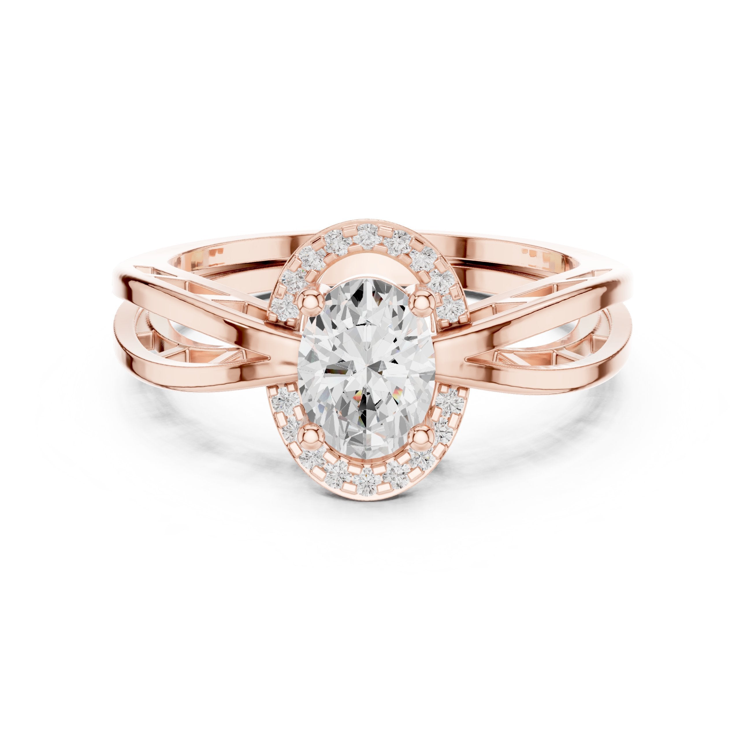 Oval Diamond Halo Engagement Ring with Braided Band in Rose Gold - VYKA Diamonds