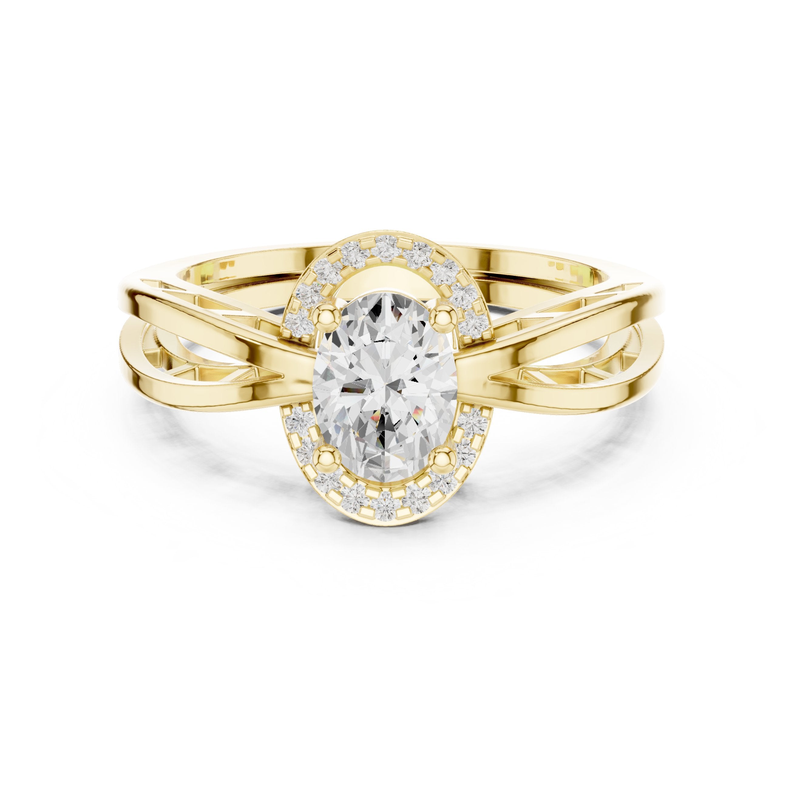 Oval Diamond Halo Engagement Ring with Braided Band in Yellow Gold - VYKA Diamonds