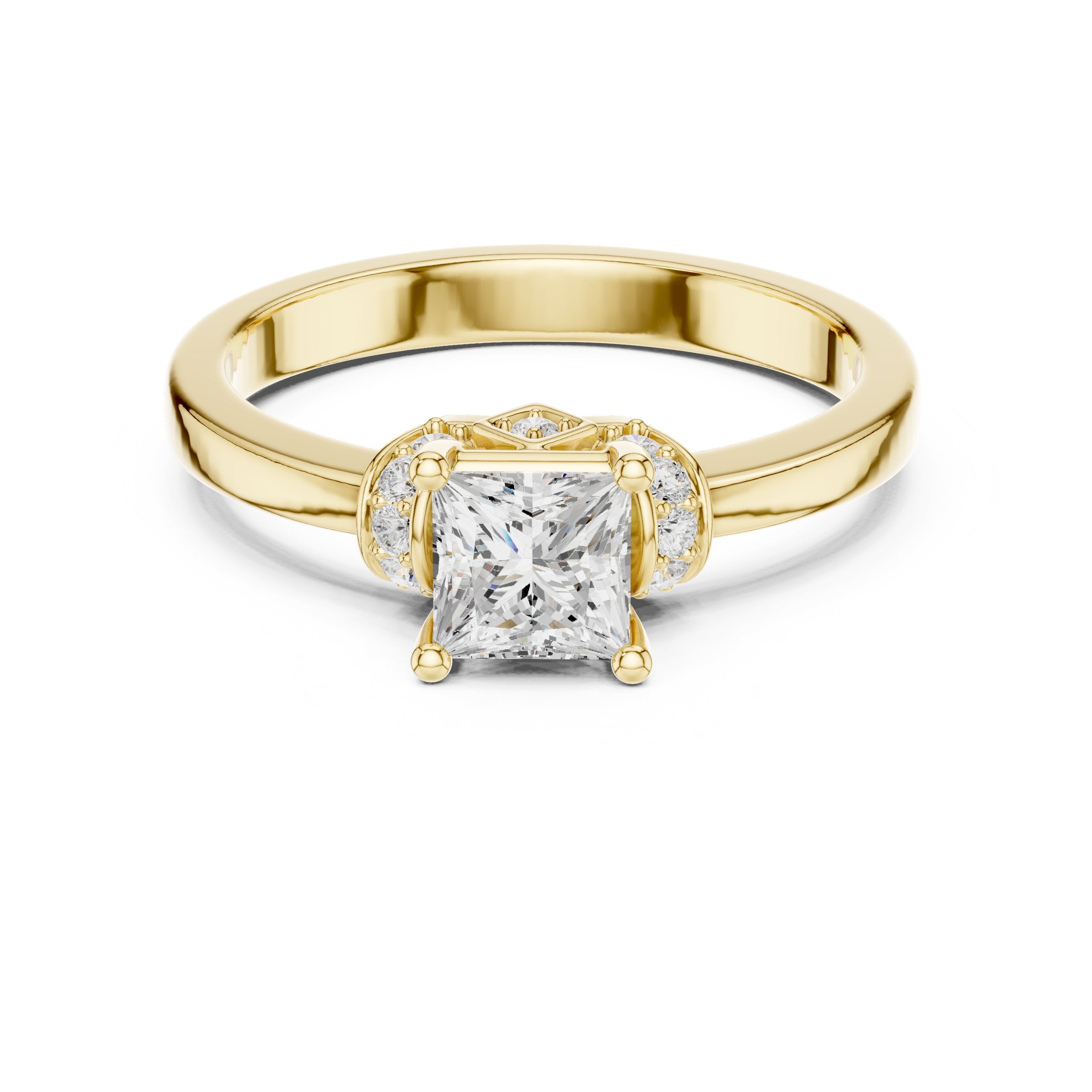 Princess Cut Engagement Ring with Crown Halo Arches in Yellow Gold - VYKA Diamonds
