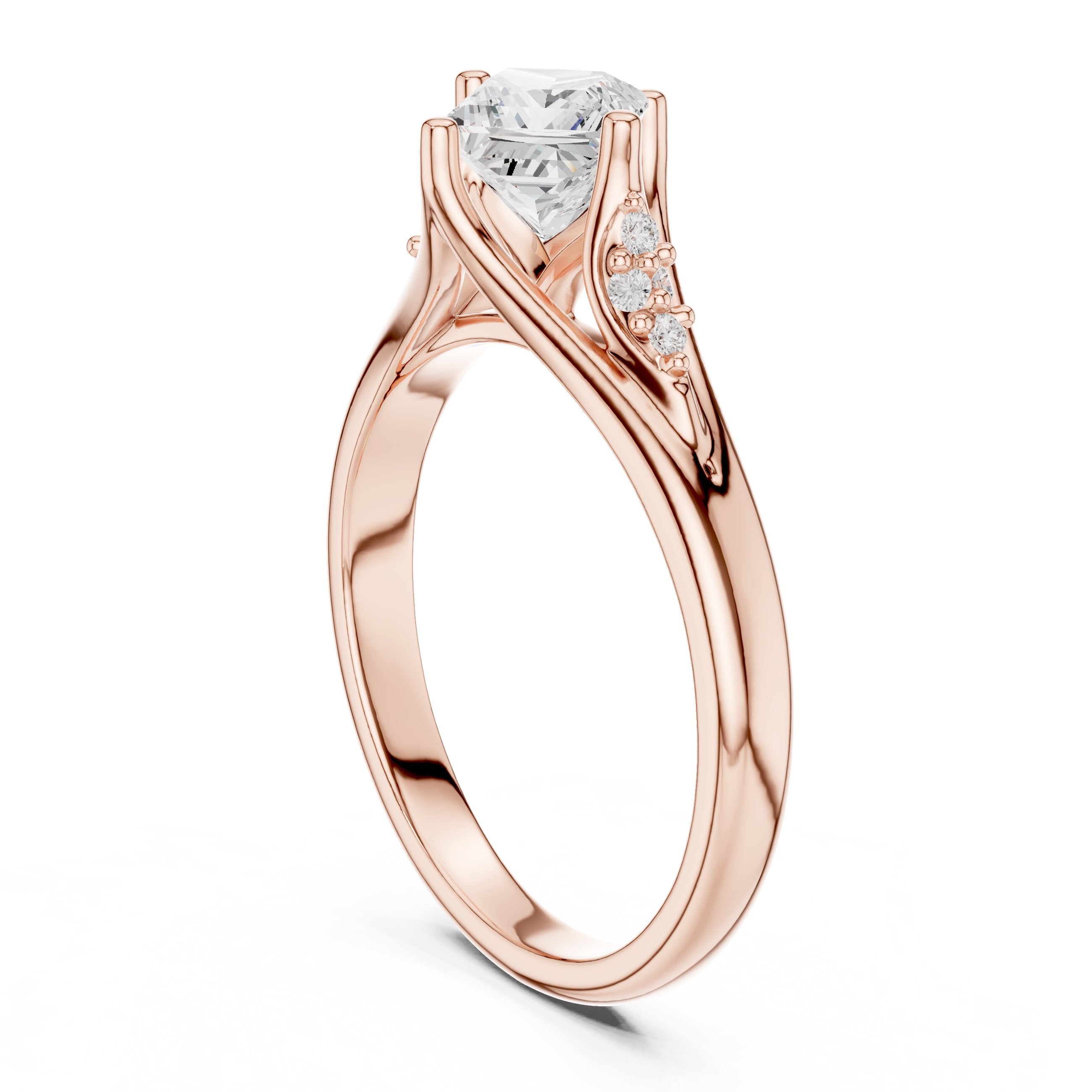 Kite Princess Cut Engagement Ring with Chevron Band and Side Accents in Rose Gold - VYKA Diamonds