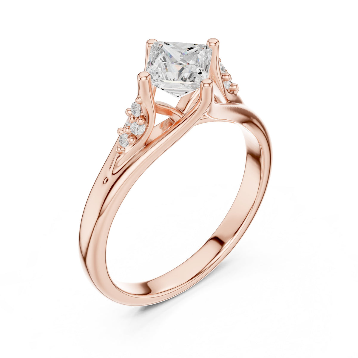 Kite Princess Cut Engagement Ring with Chevron Band and Side Accents