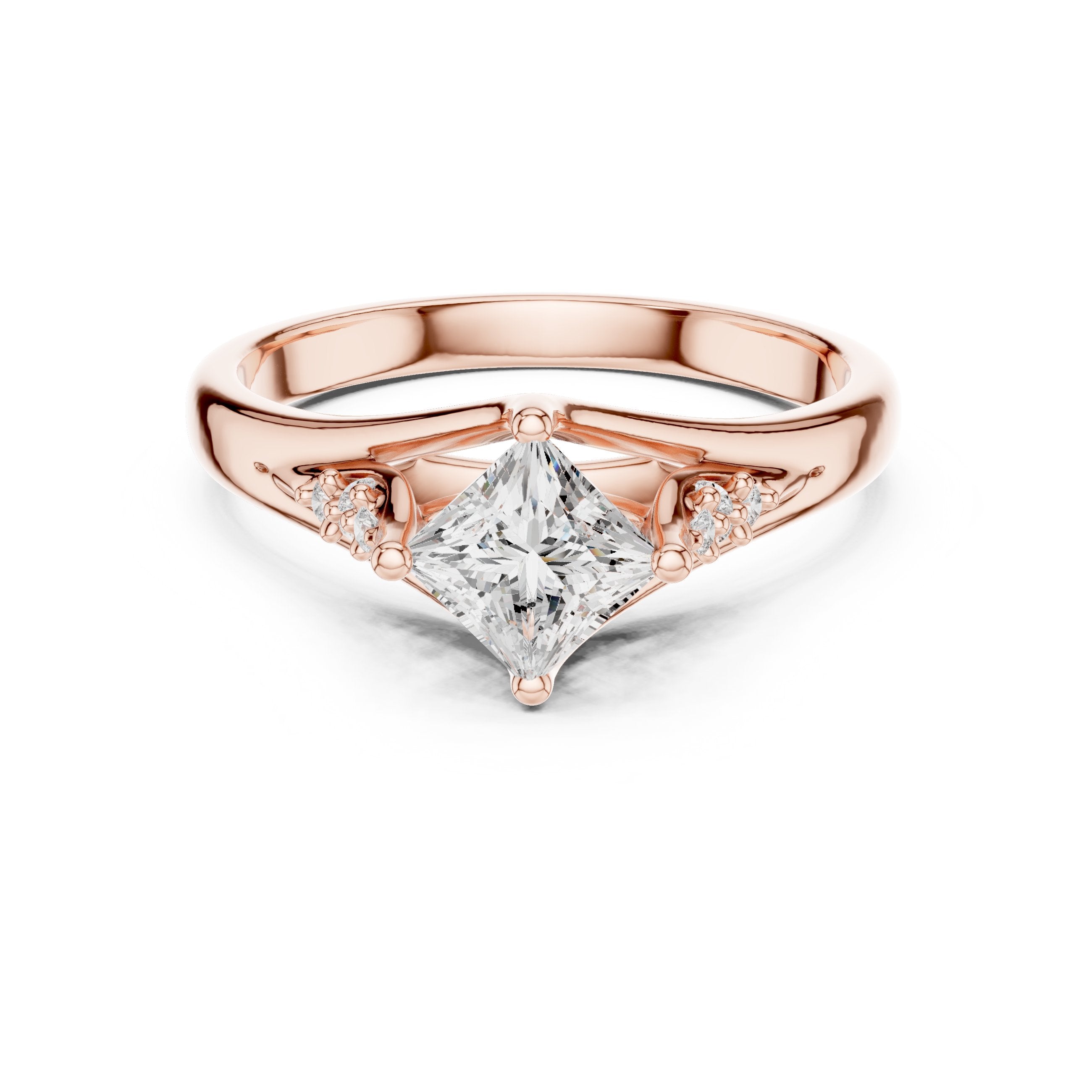 Kite Princess Cut Engagement Ring with Chevron Band and Side Accents in Rose Gold - VYKA Diamonds