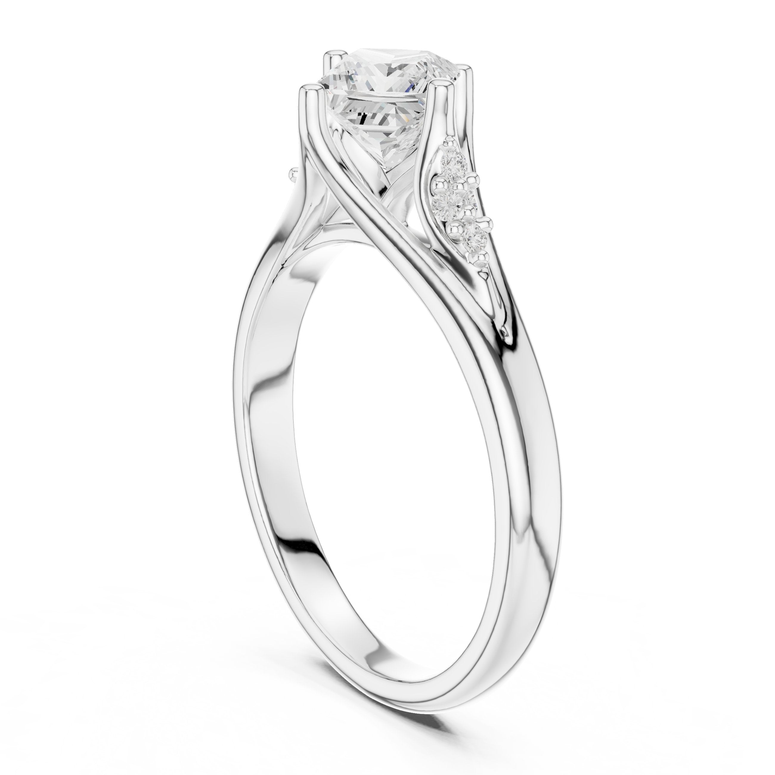 Kite Princess Cut Engagement Ring with Chevron Band and Side Accents in White Gold - VYKA Diamonds