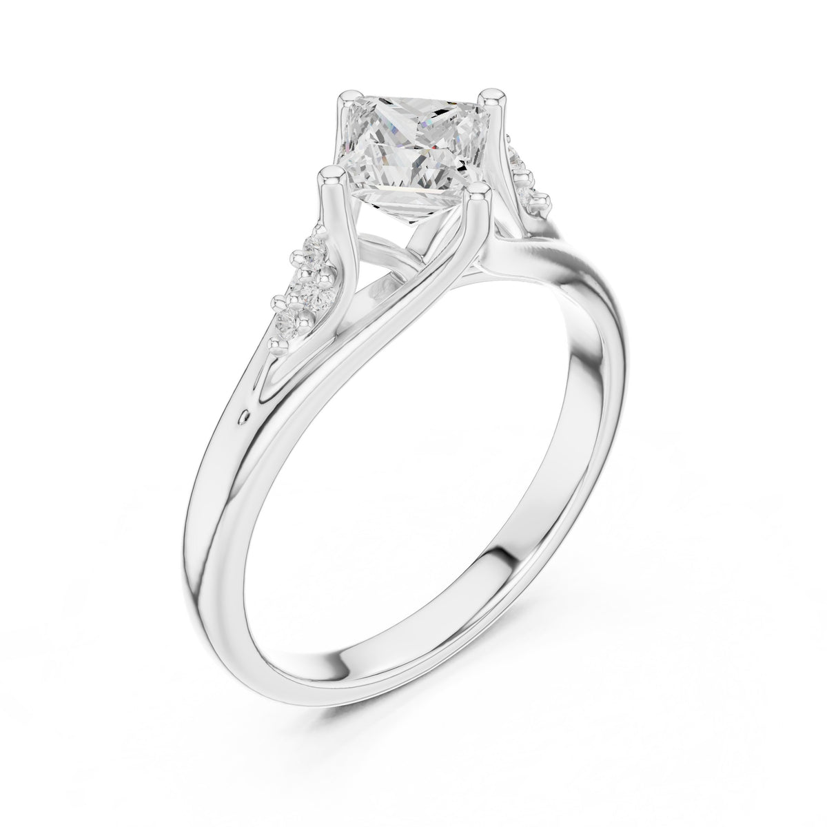 Kite Princess Cut Engagement Ring with Chevron Band and Side Accents