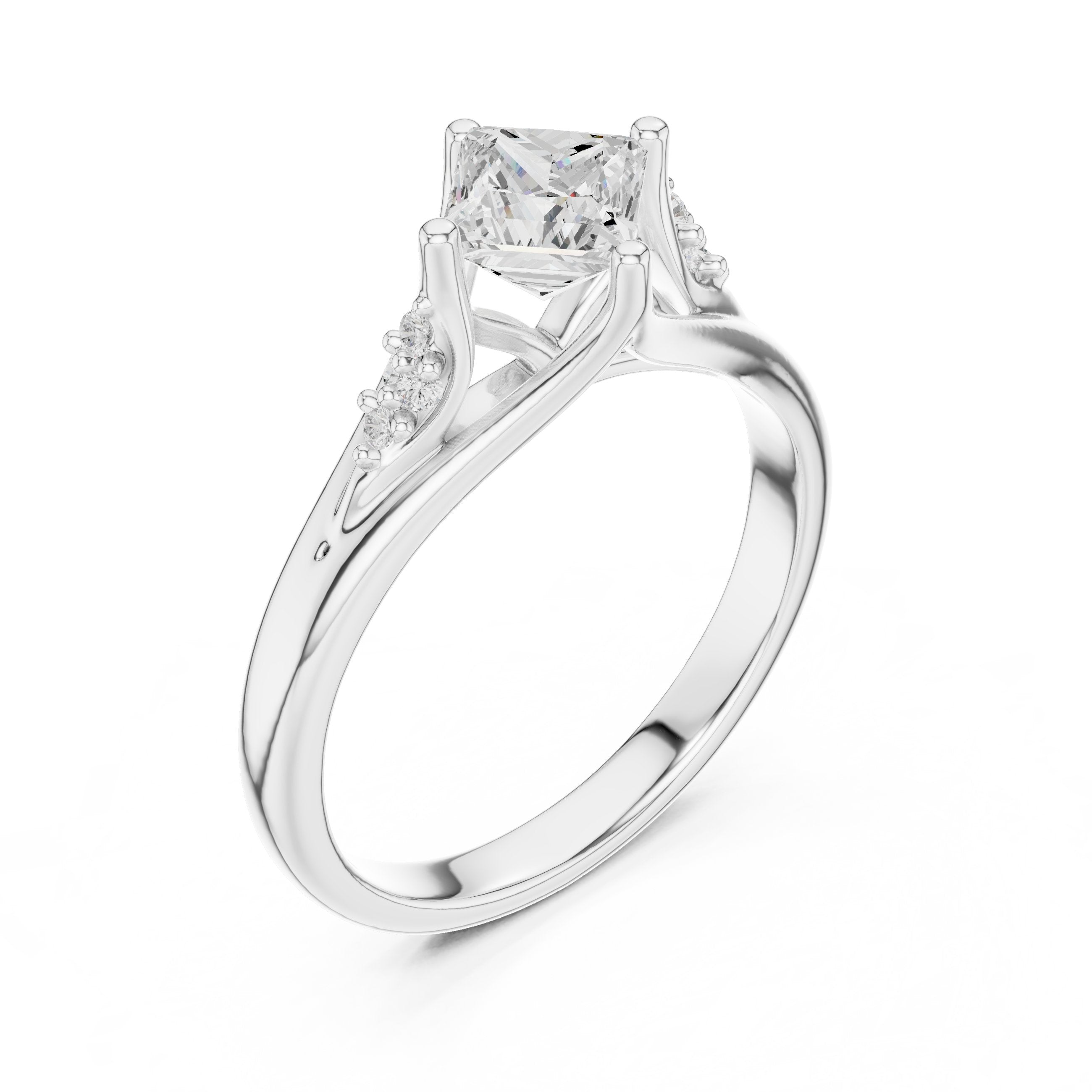 Kite Princess Cut Engagement Ring with Chevron Band and Side Accents in White Gold - VYKA Diamonds
