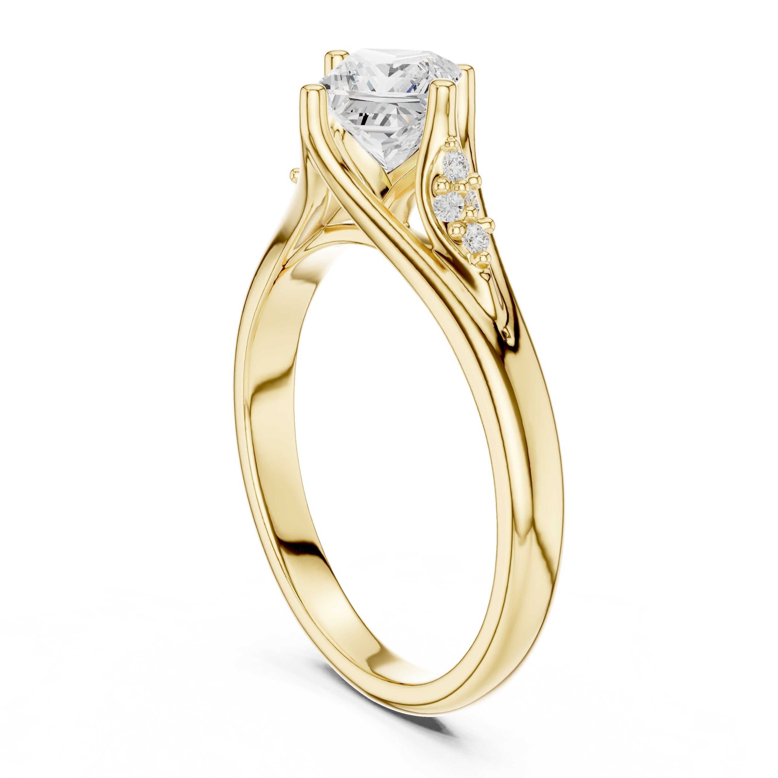 Kite Princess Cut Engagement Ring with Chevron Band and Side Accents in Yellow Gold - VYKA Diamonds