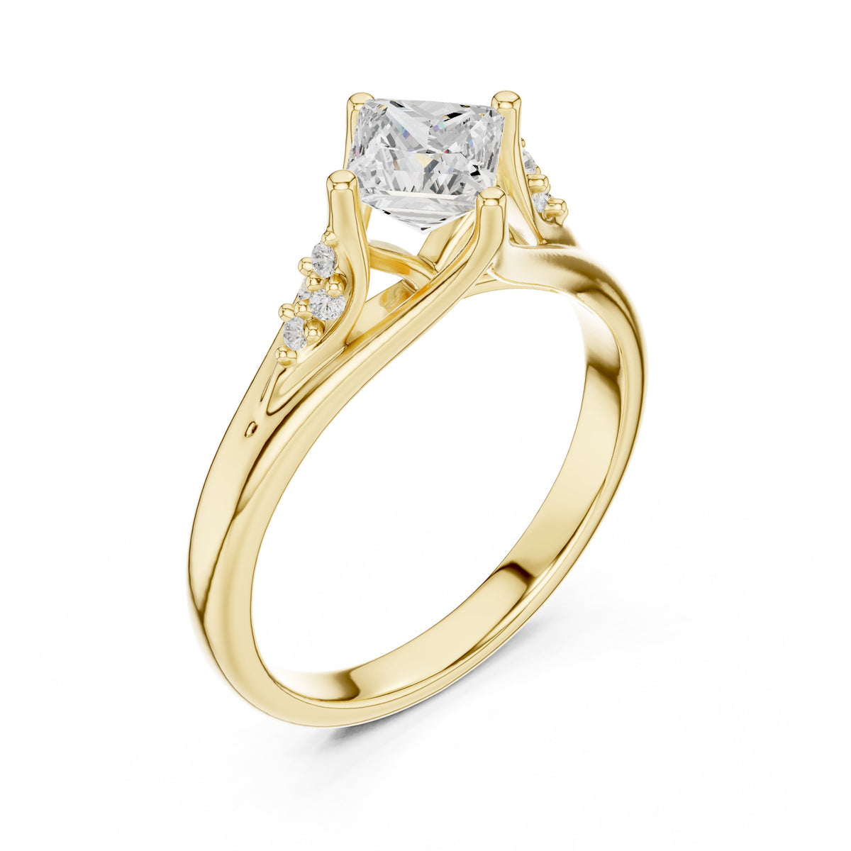 Kite Princess Cut Engagement Ring with Chevron Band and Side Accents
