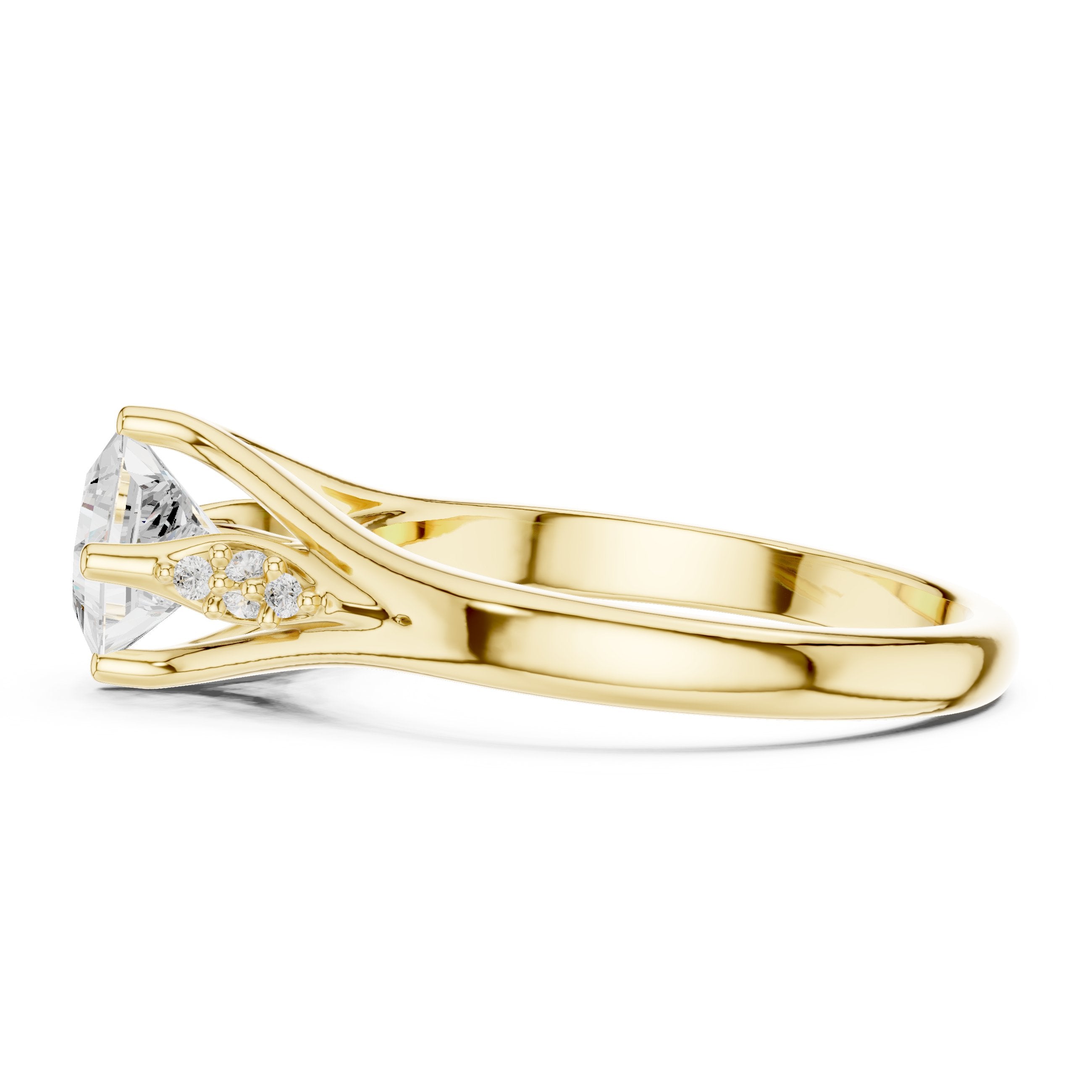Kite Princess Cut Engagement Ring with Chevron Band and Side Accents in Yellow Gold - VYKA Diamonds