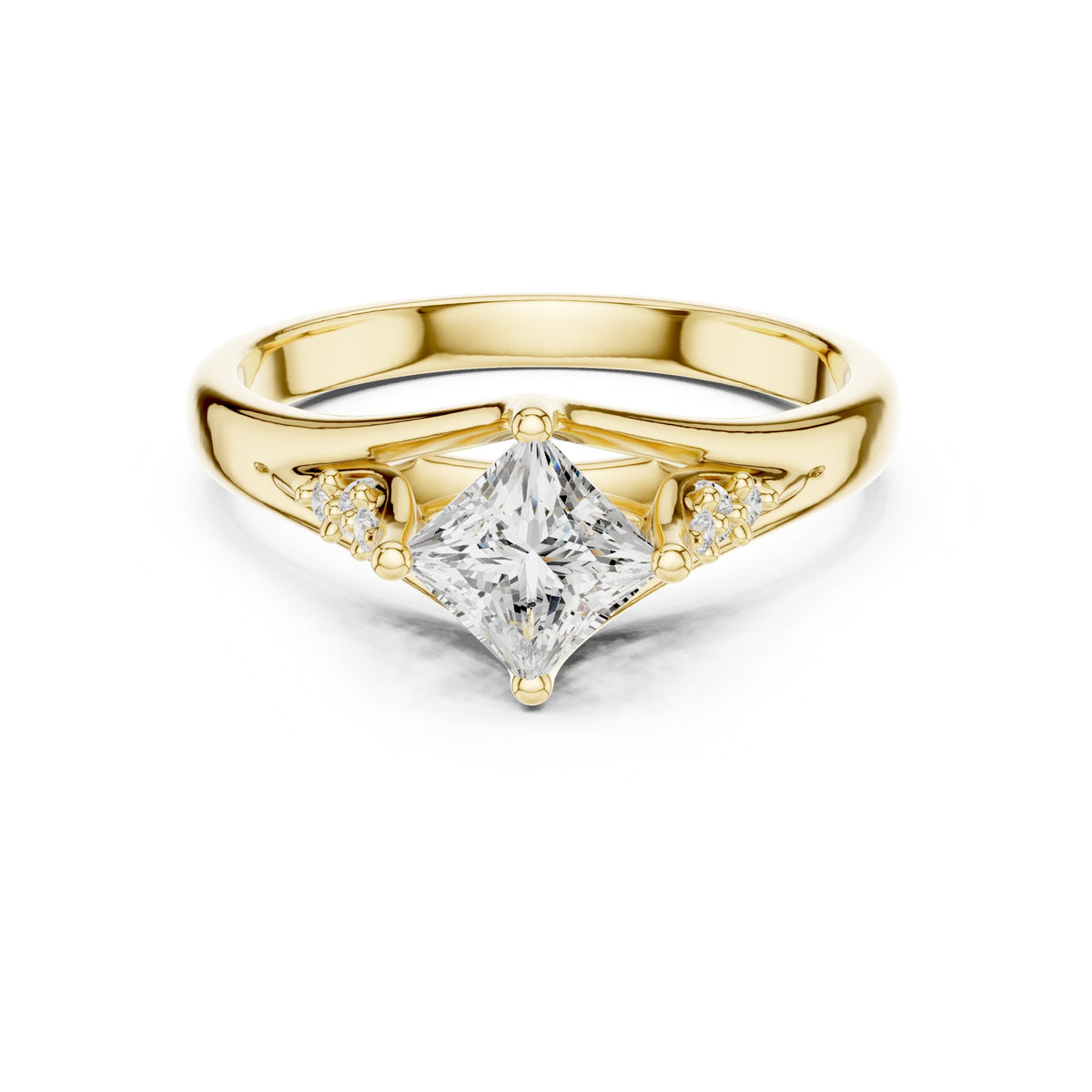 Kite Princess Cut Engagement Ring with Chevron Band and Side Accents