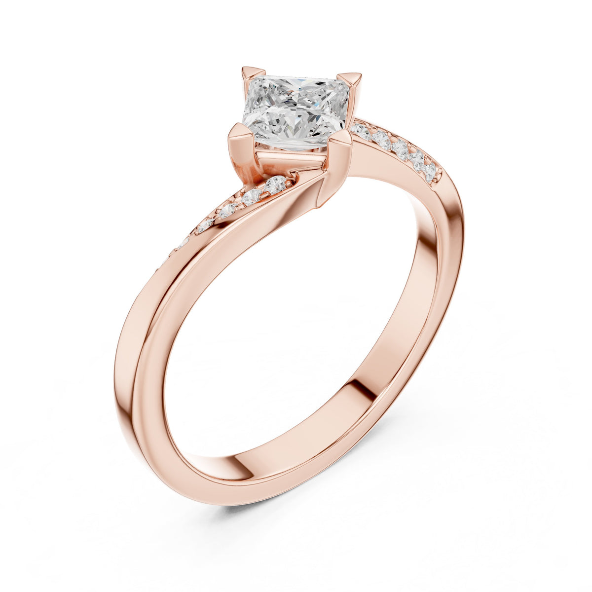 Kite Princess Cut Engagement Ring with Bypass Shank and Side Accents