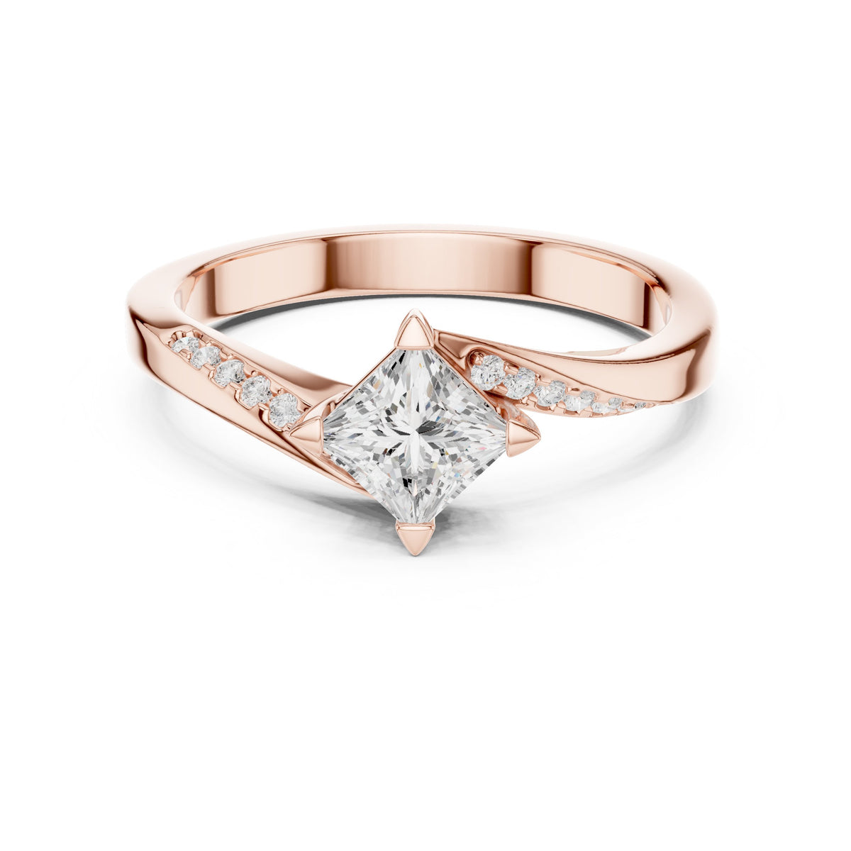Kite Princess Cut Engagement Ring with Bypass Shank and Side Accents