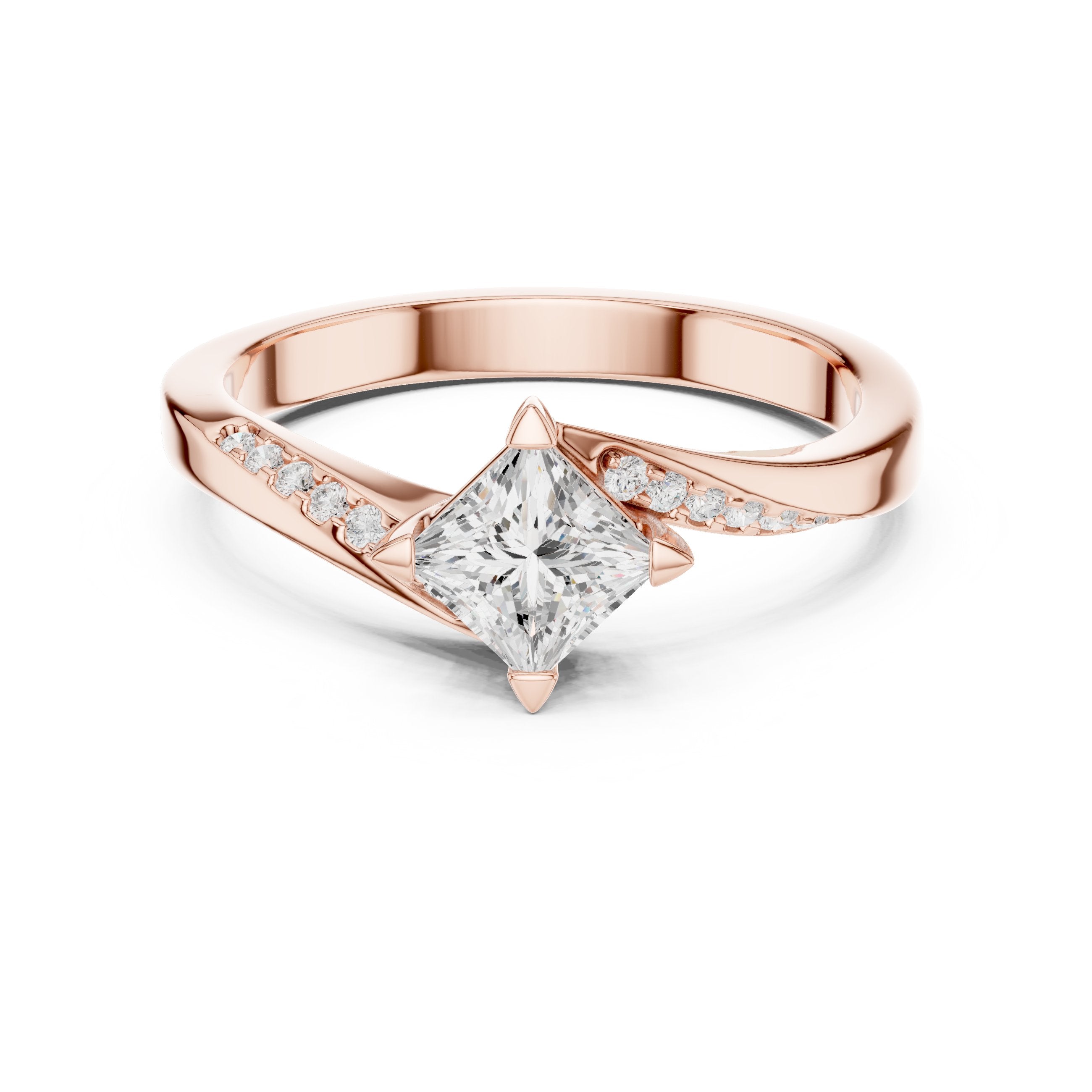 Kite Princess Cut Engagement Ring with Bypass Shank and Side Accents in Rose Gold - VYKA Diamonds