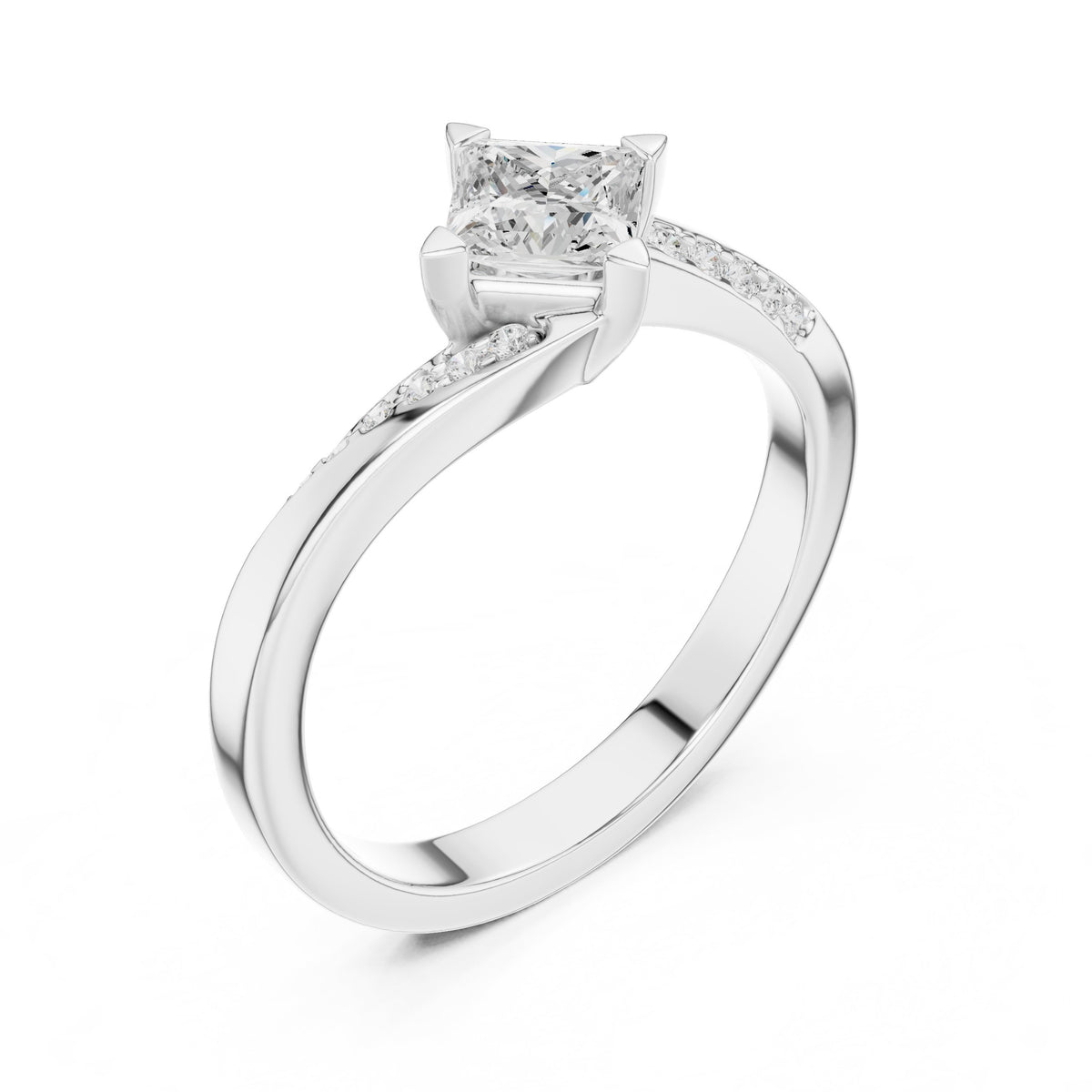 Kite Princess Cut Engagement Ring with Bypass Shank and Side Accents