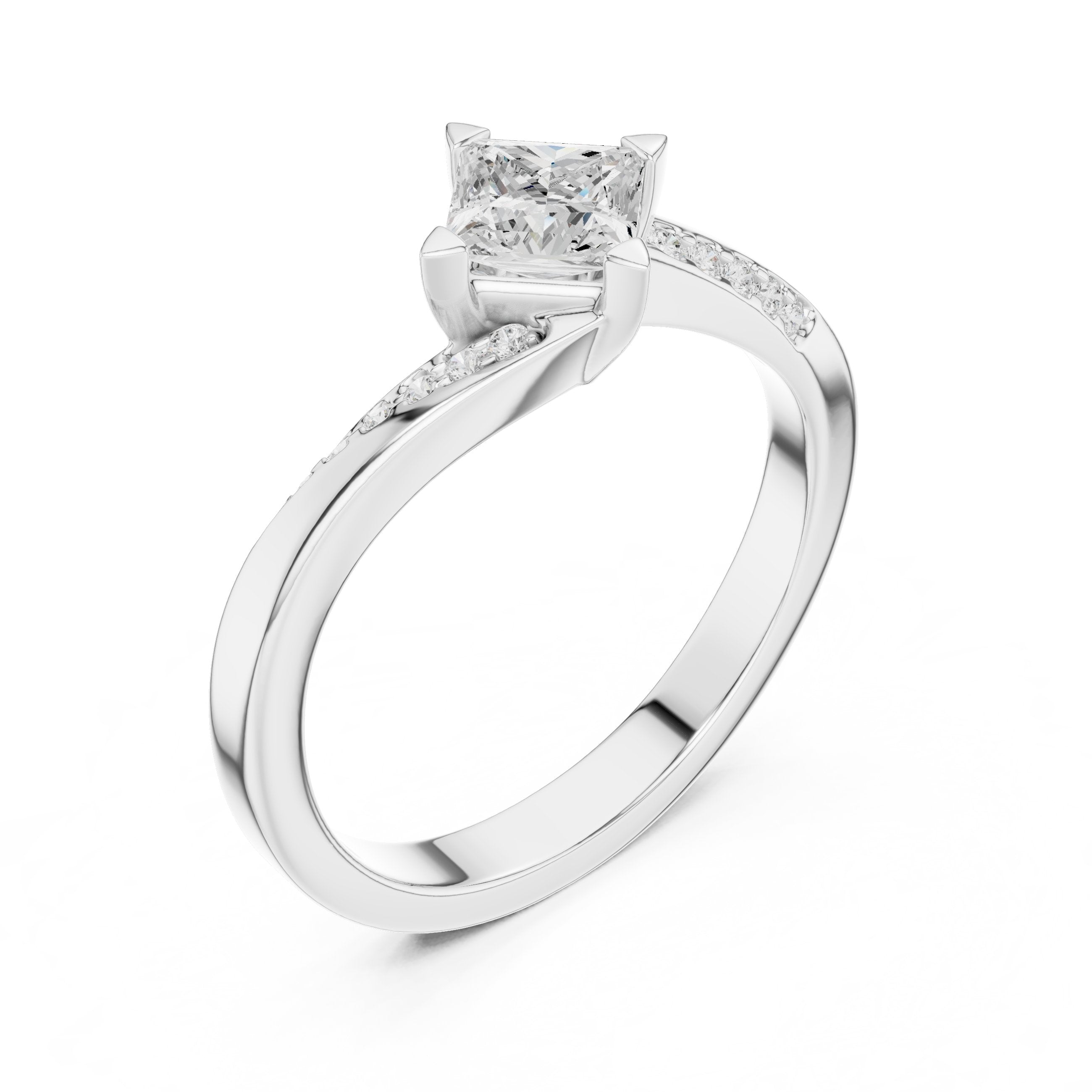 Kite Princess Cut Engagement Ring with Bypass Shank and Side Accents in White Gold - VYKA Diamonds