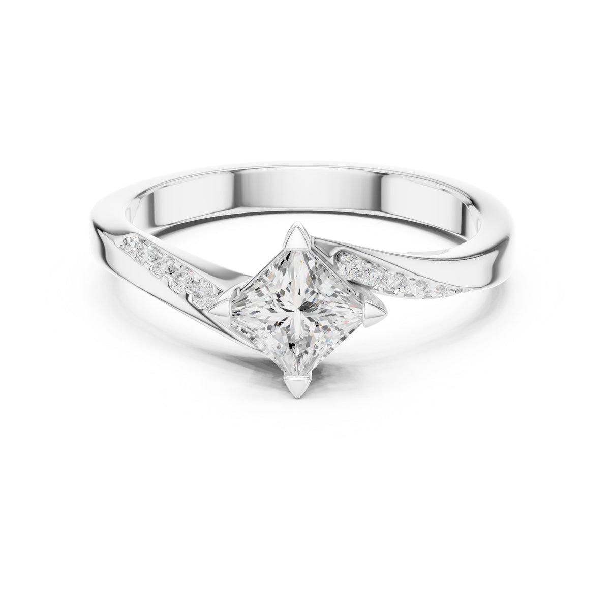 Kite Princess Cut Engagement Ring with Bypass Shank and Side Accents