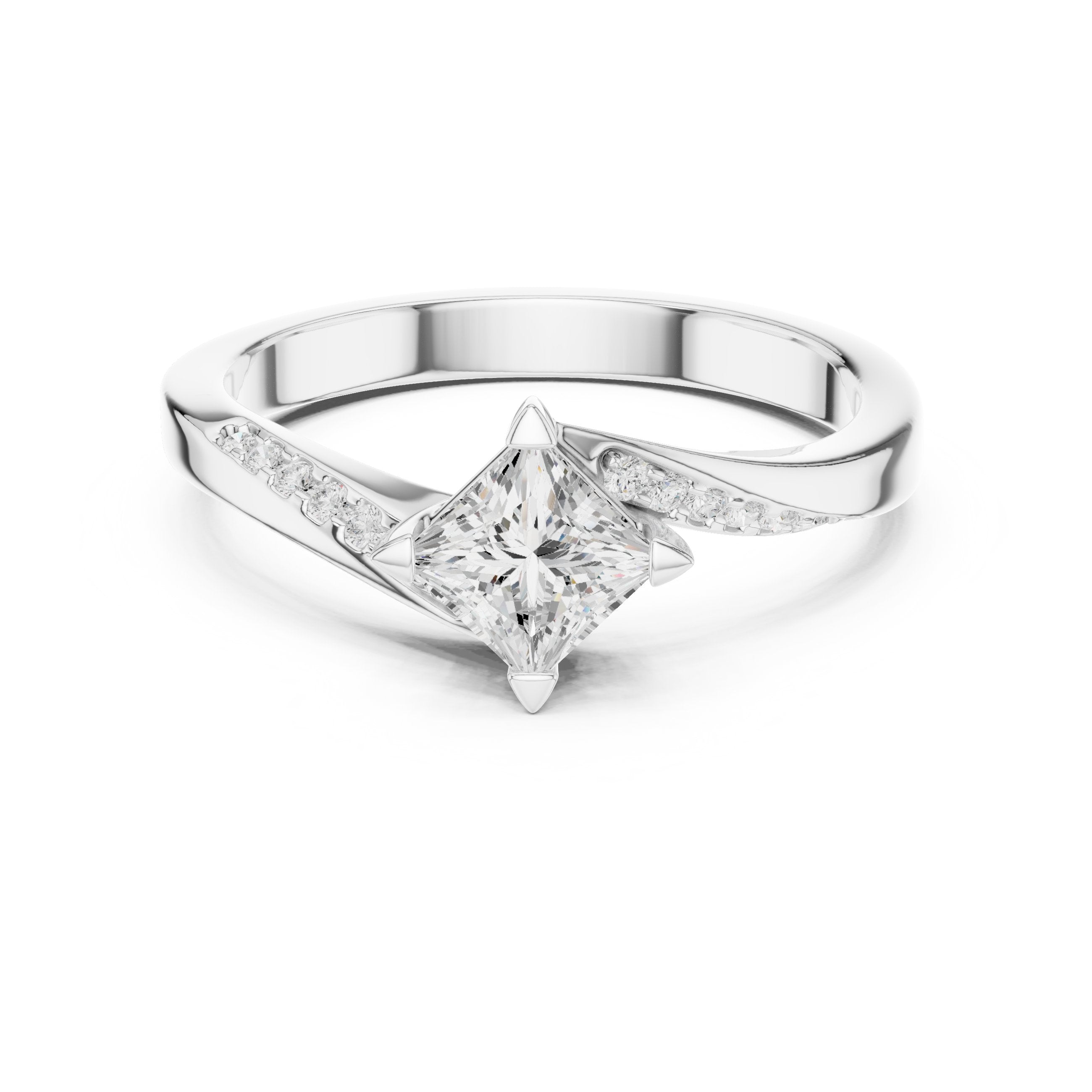 Kite Princess Cut Engagement Ring with Bypass Shank and Side Accents in White Gold - VYKA Diamonds