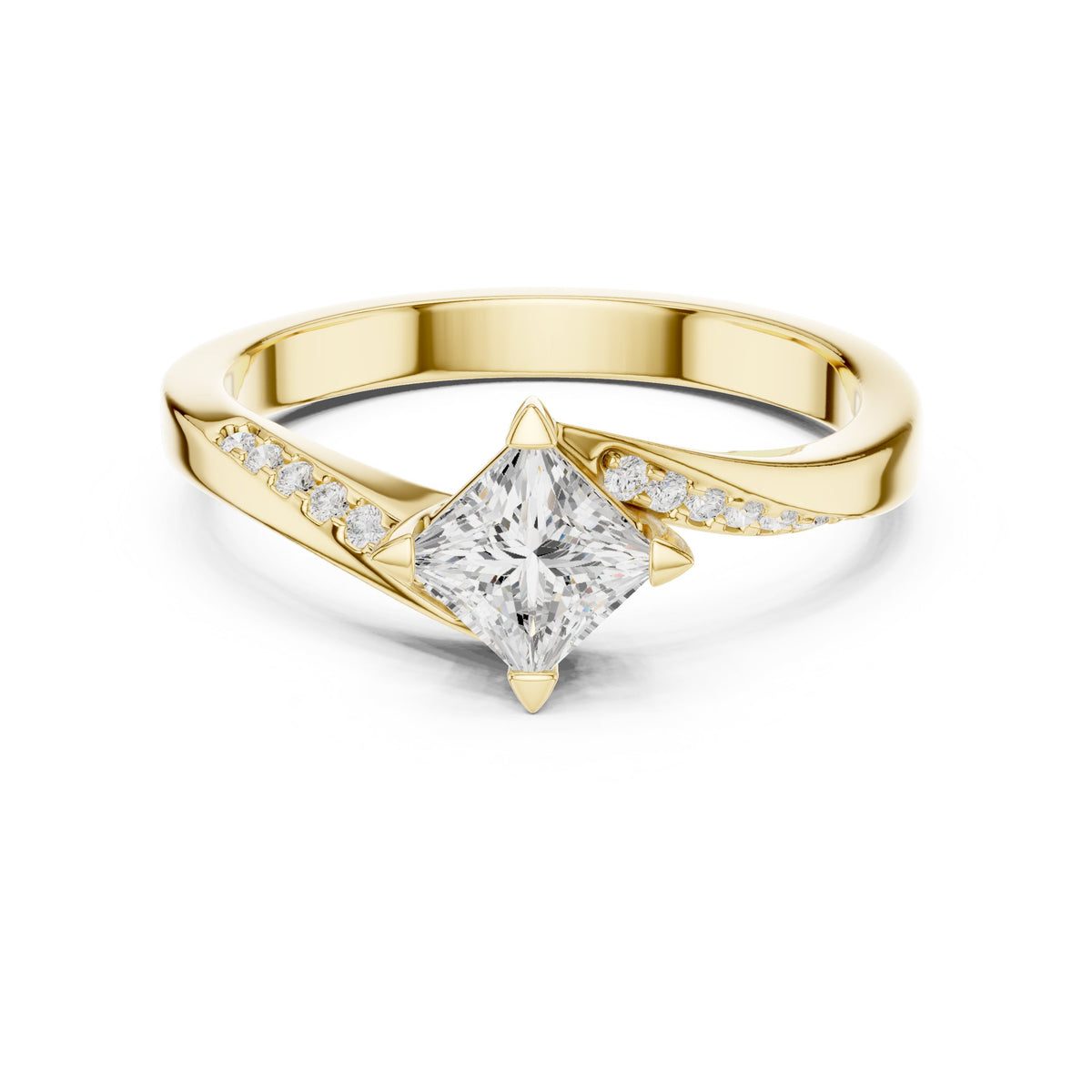 Kite Princess Cut Engagement Ring with Bypass Shank and Side Accents