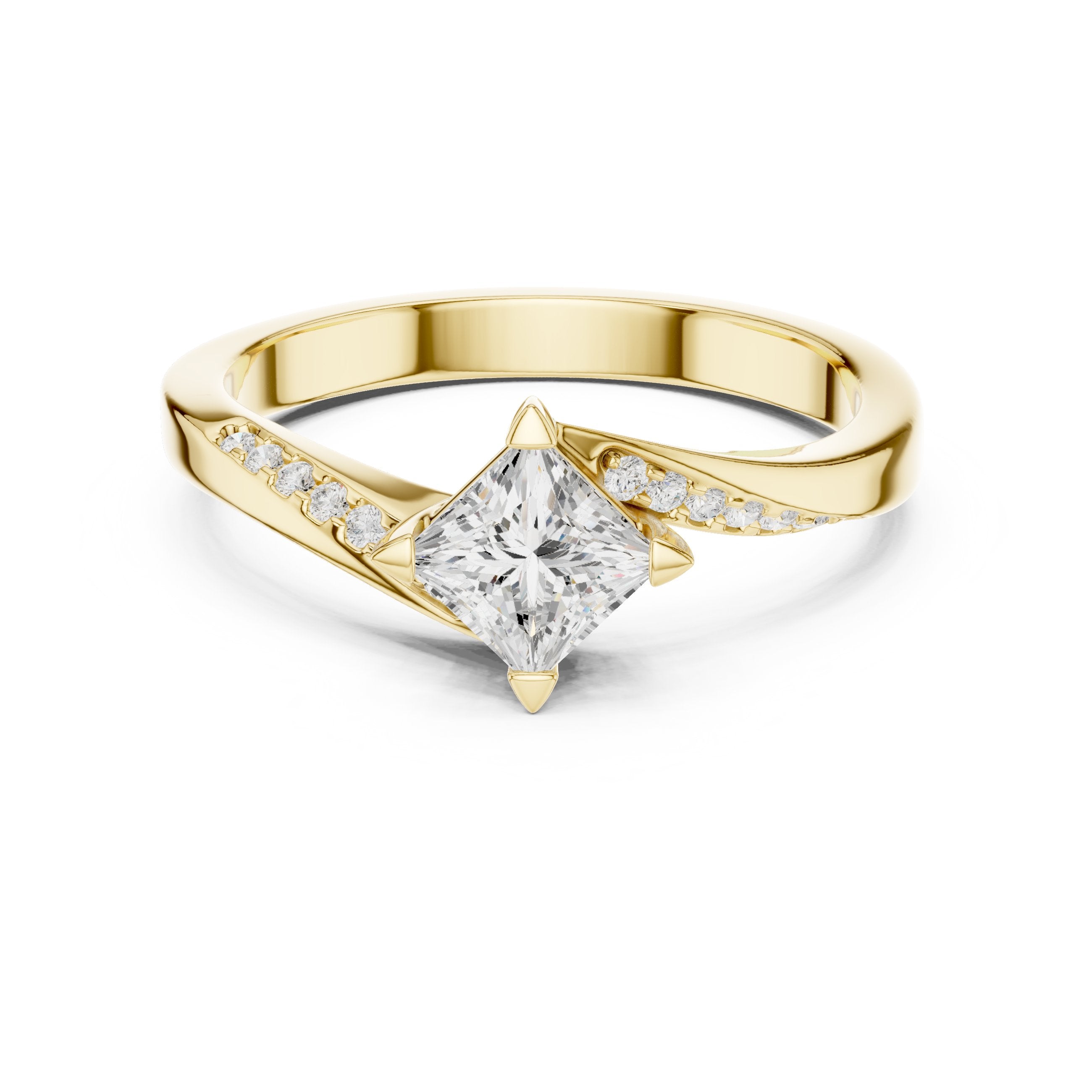 Kite Princess Cut Engagement Ring with Bypass Shank and Side Accents in Yellow Gold - VYKA Diamonds