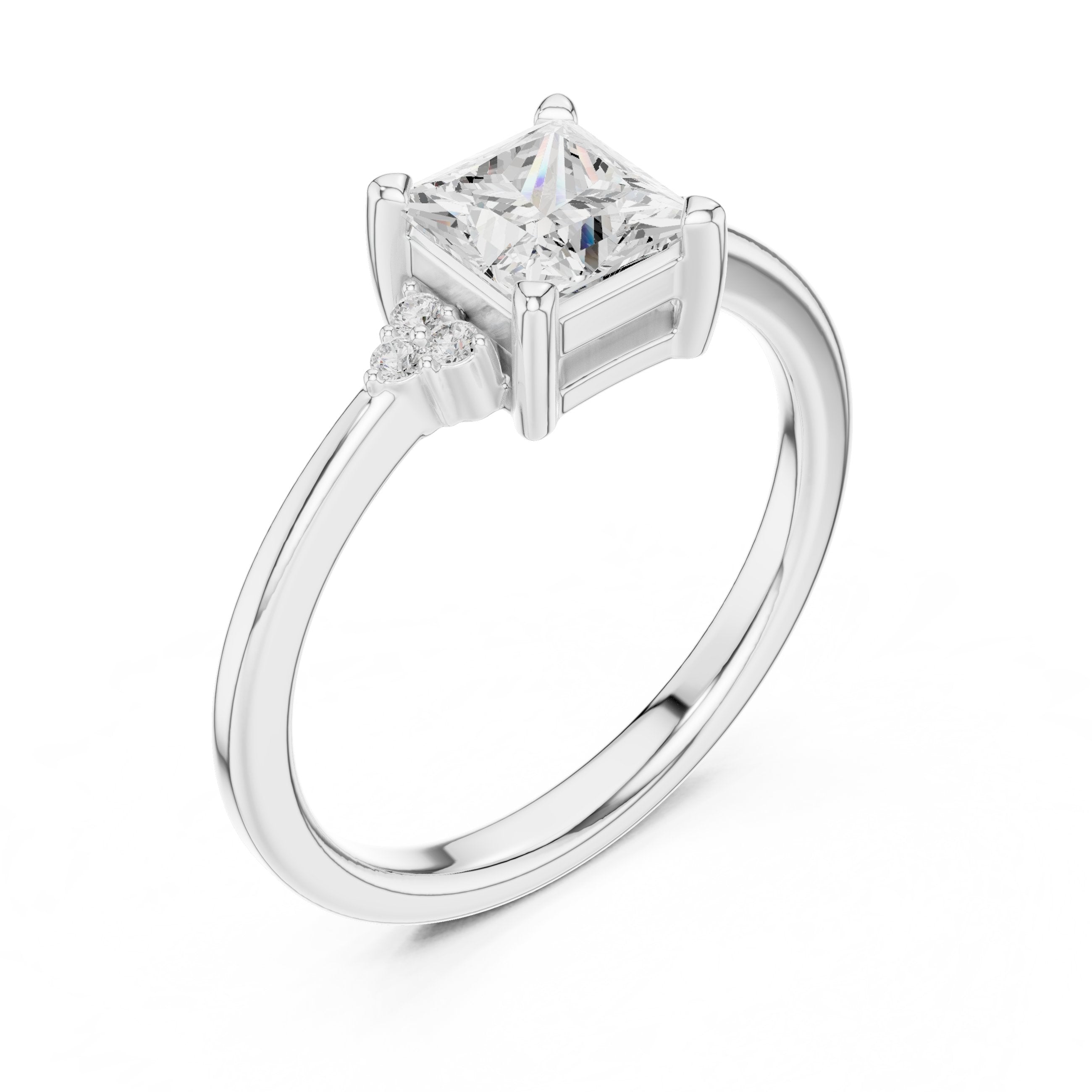 Princess Cut Engagement Ring with Side Cluster Accents in White Gold - VYKA Diamonds