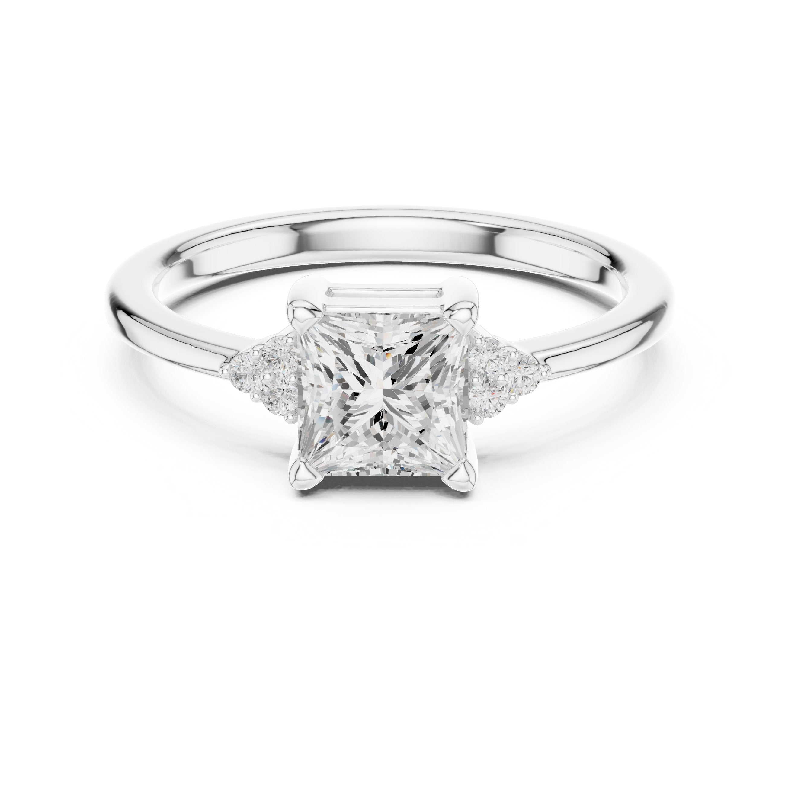 Princess Cut Engagement Ring with Side Cluster Accents in White Gold - VYKA Diamonds