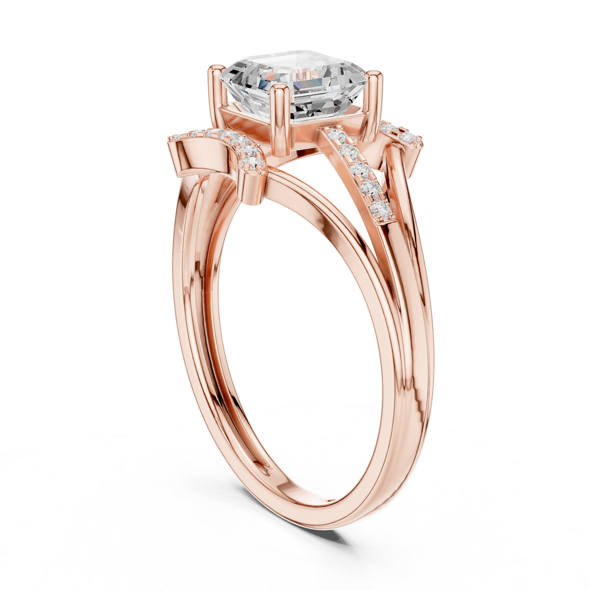 Asscher Cut Engagement Ring with Geometric Crown and Split Shank Pavé