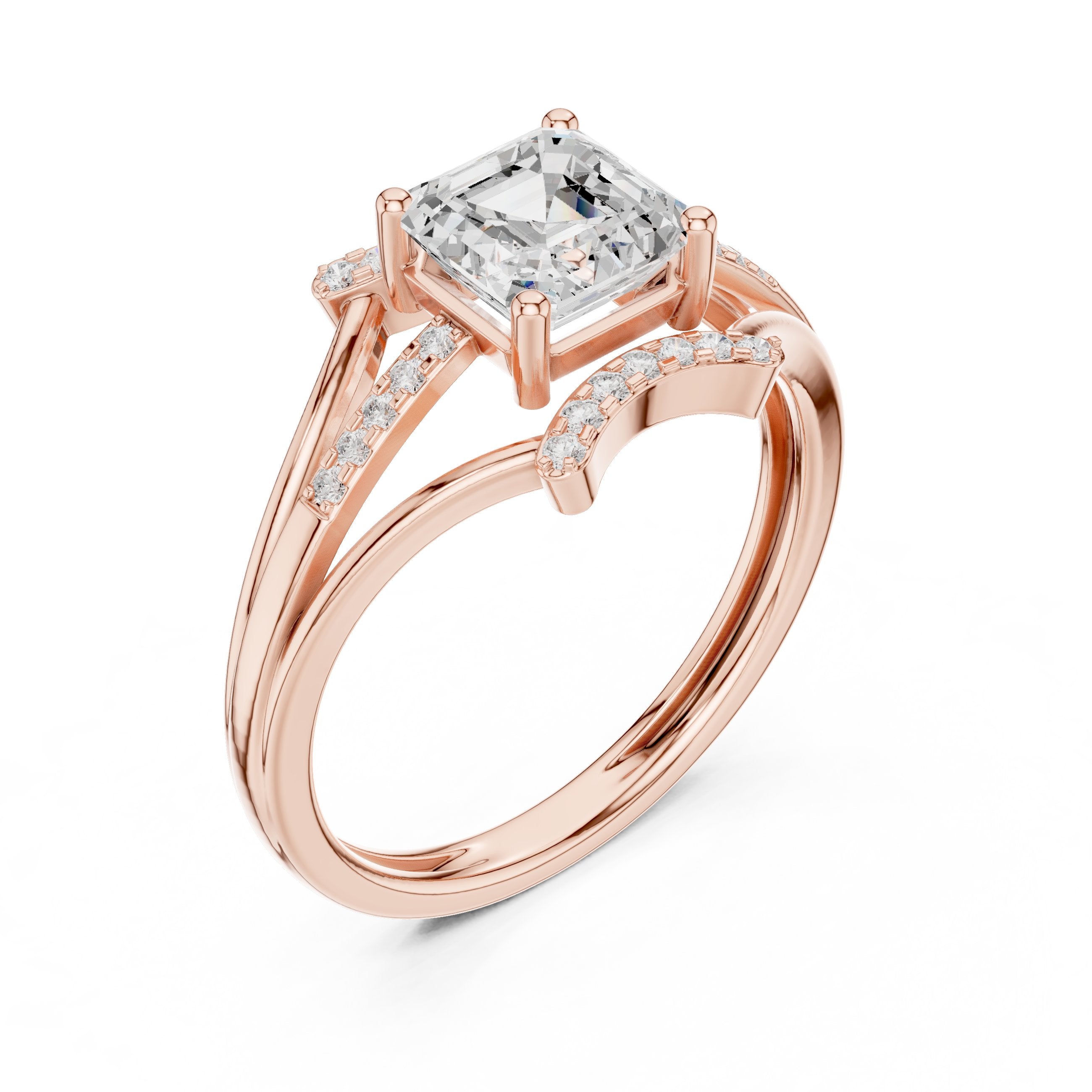 Asscher Cut Engagement Ring with Geometric Crown and Split Shank Pavé in Rose Gold - VYKA Diamonds