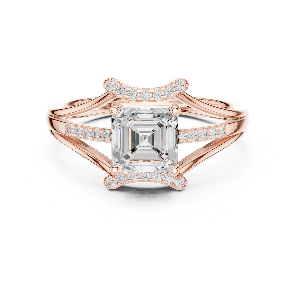 Asscher Cut Engagement Ring with Geometric Crown and Split Shank Pavé
