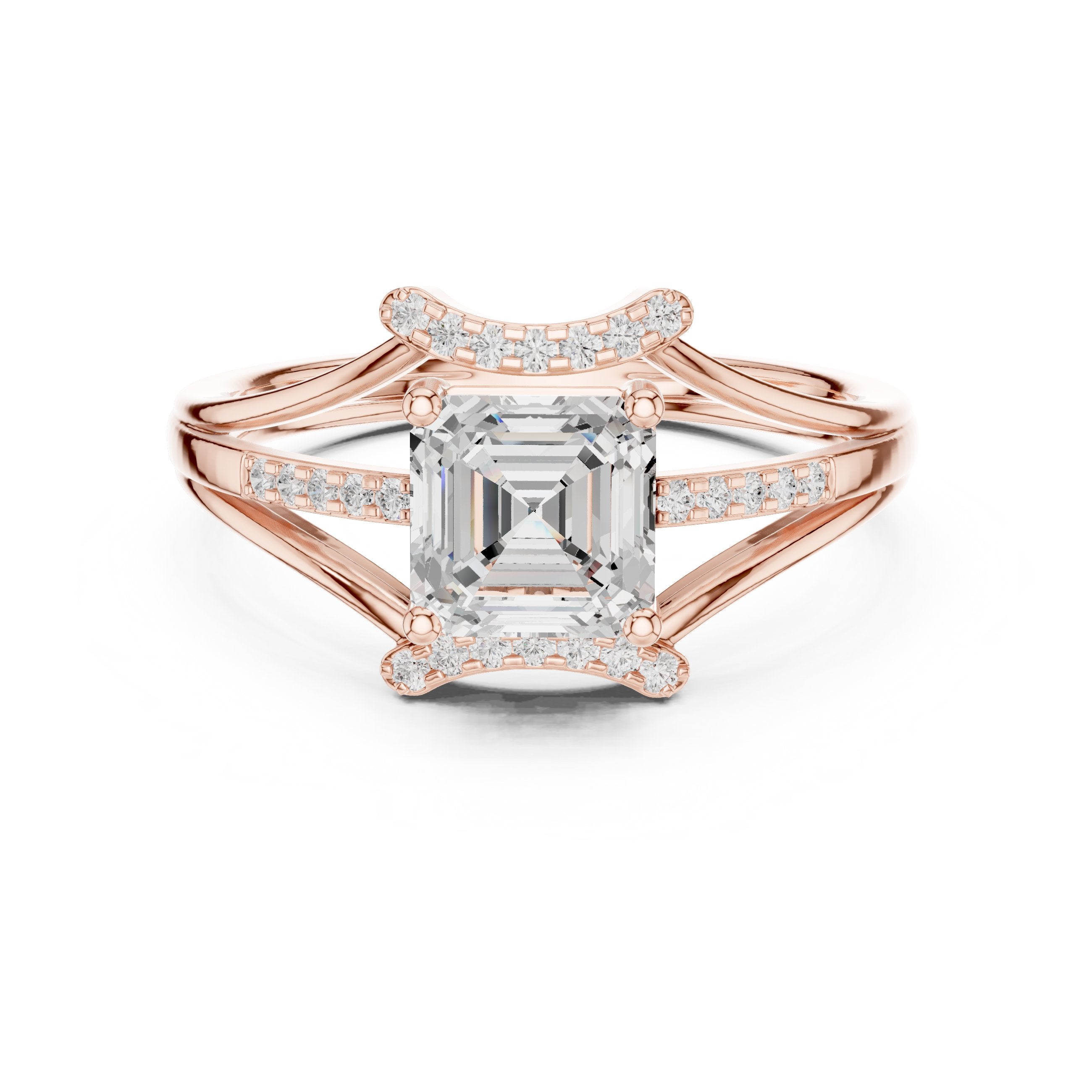 Asscher Cut Engagement Ring with Geometric Crown and Split Shank Pavé in Rose Gold - VYKA Diamonds