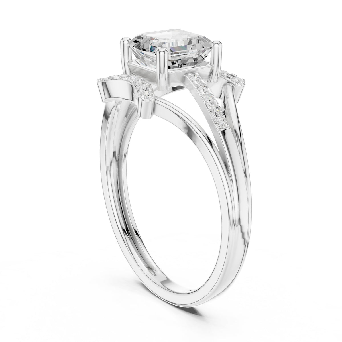 Asscher Cut Engagement Ring with Geometric Crown and Split Shank Pavé