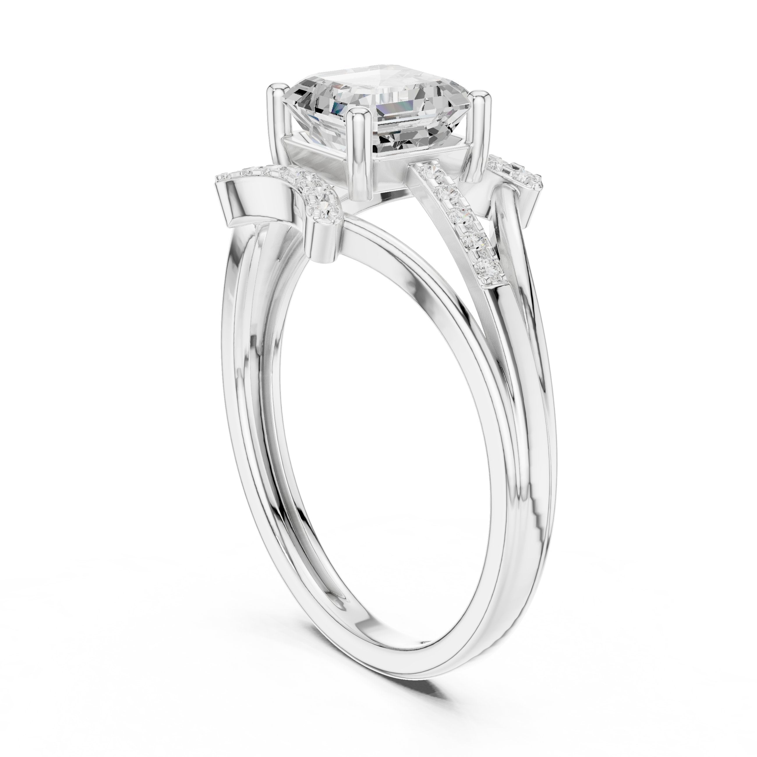 Asscher Cut Engagement Ring with Geometric Crown and Split Shank Pavé in White Gold - VYKA Diamonds