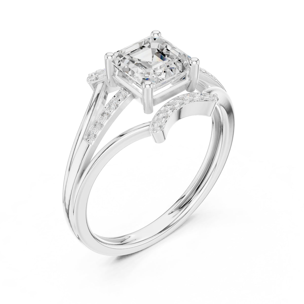 Asscher Cut Engagement Ring with Geometric Crown and Split Shank Pavé