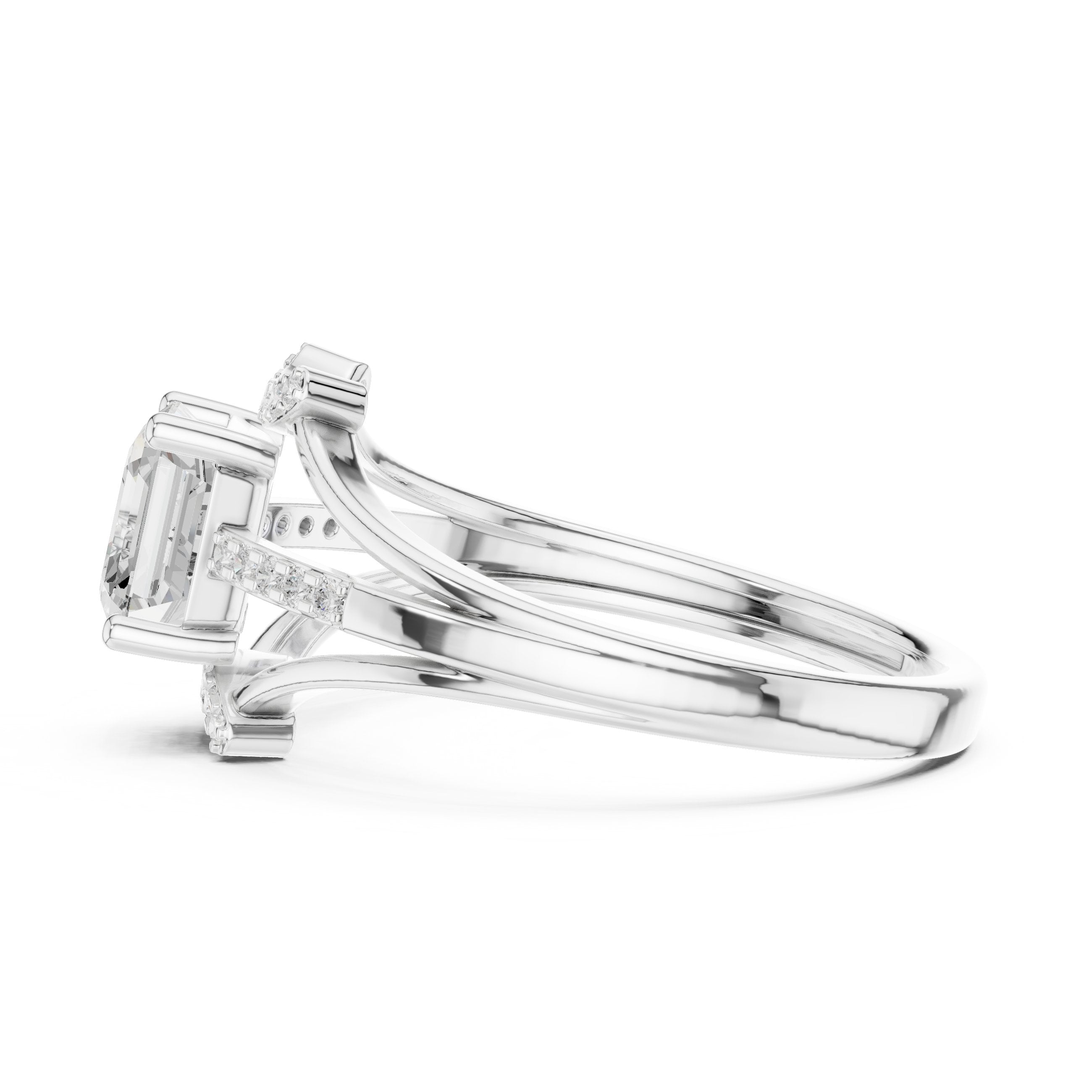 Asscher Cut Engagement Ring with Geometric Crown and Split Shank Pavé in White Gold - VYKA Diamonds