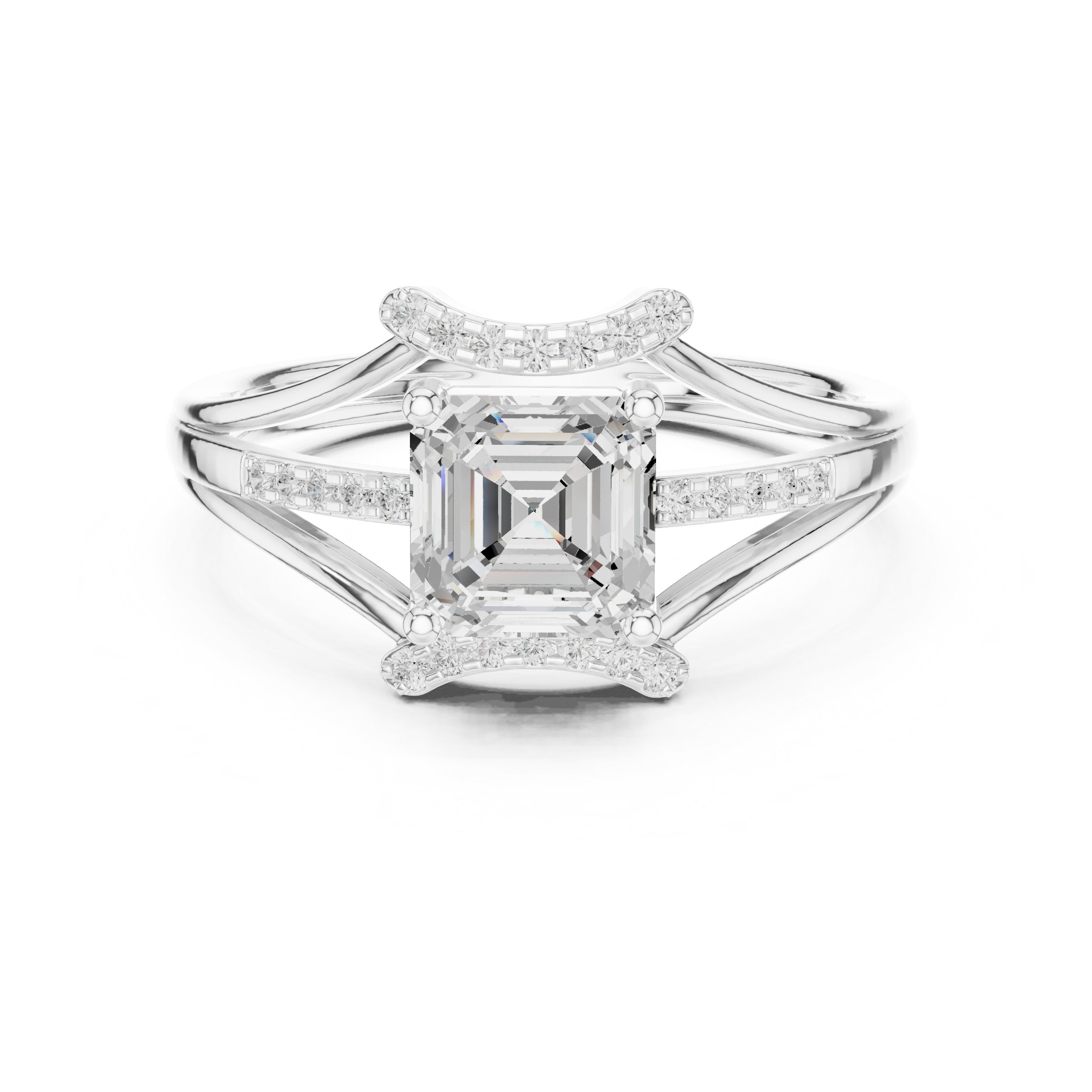 Asscher Cut Engagement Ring with Geometric Crown and Split Shank Pavé in White Gold - VYKA Diamonds