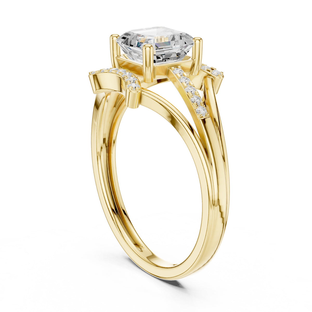 Asscher Cut Engagement Ring with Geometric Crown and Split Shank Pavé