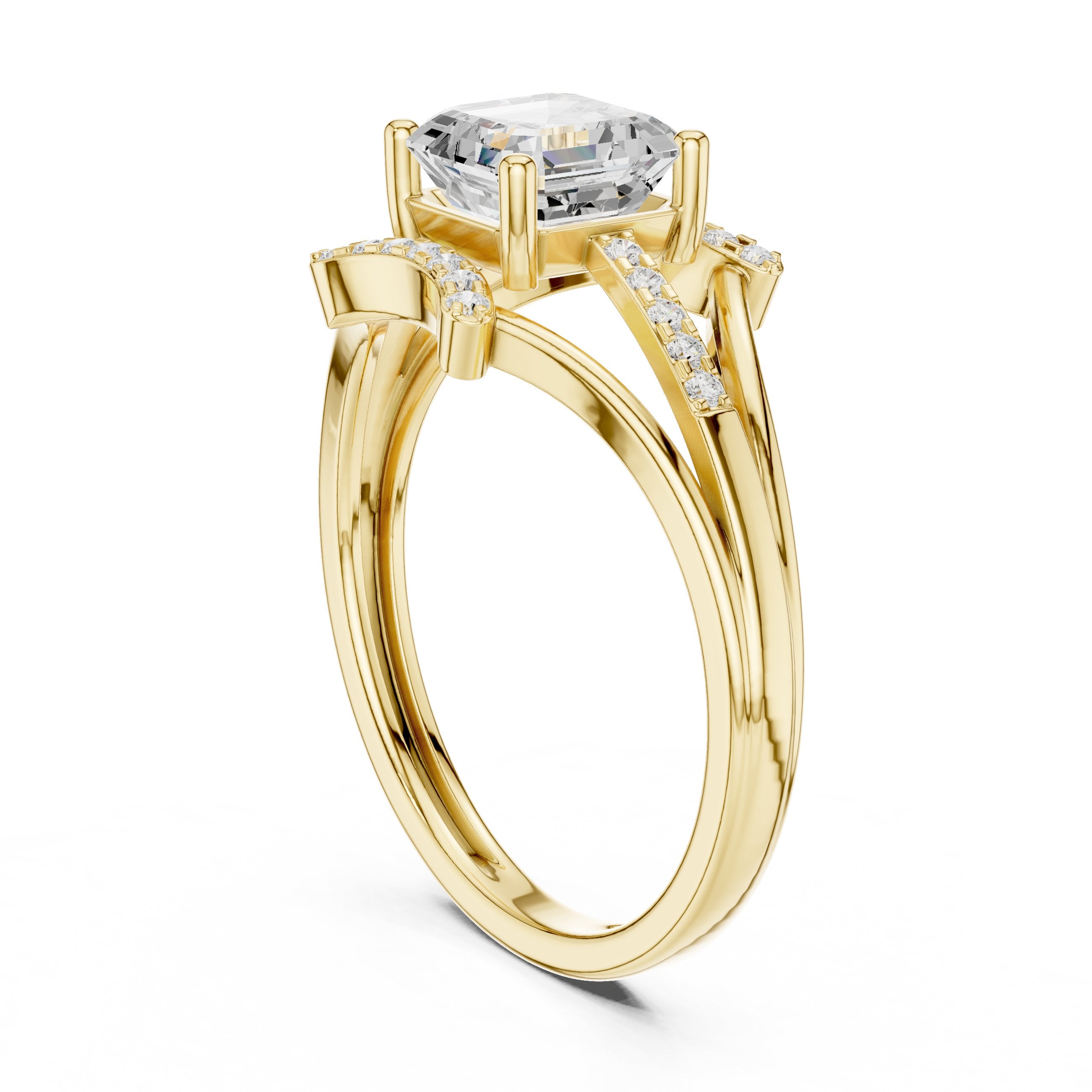 Asscher Cut Engagement Ring with Geometric Crown and Split Shank Pavé in Yellow Gold - VYKA Diamonds