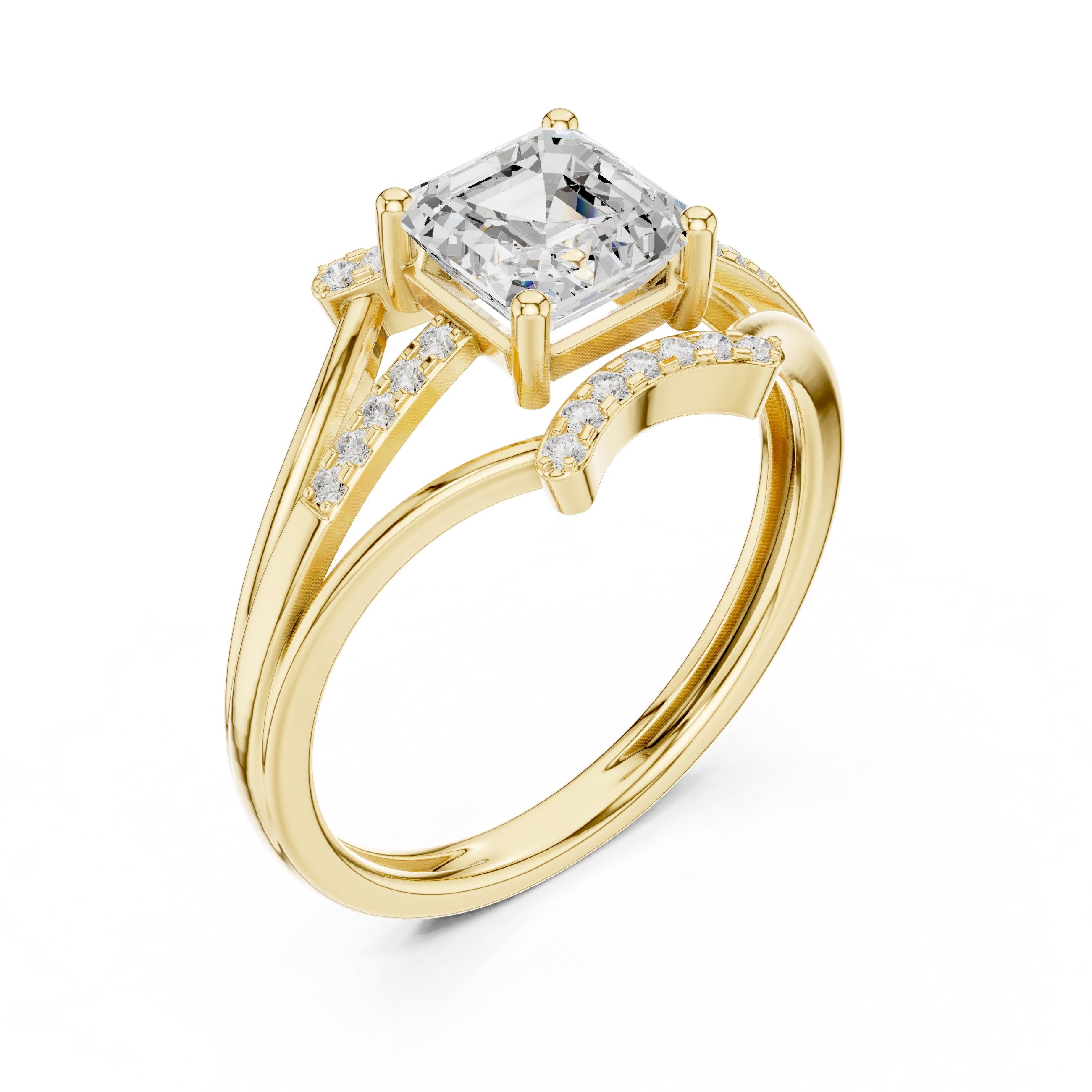 Asscher Cut Engagement Ring with Geometric Crown and Split Shank Pavé in Yellow Gold - VYKA Diamonds