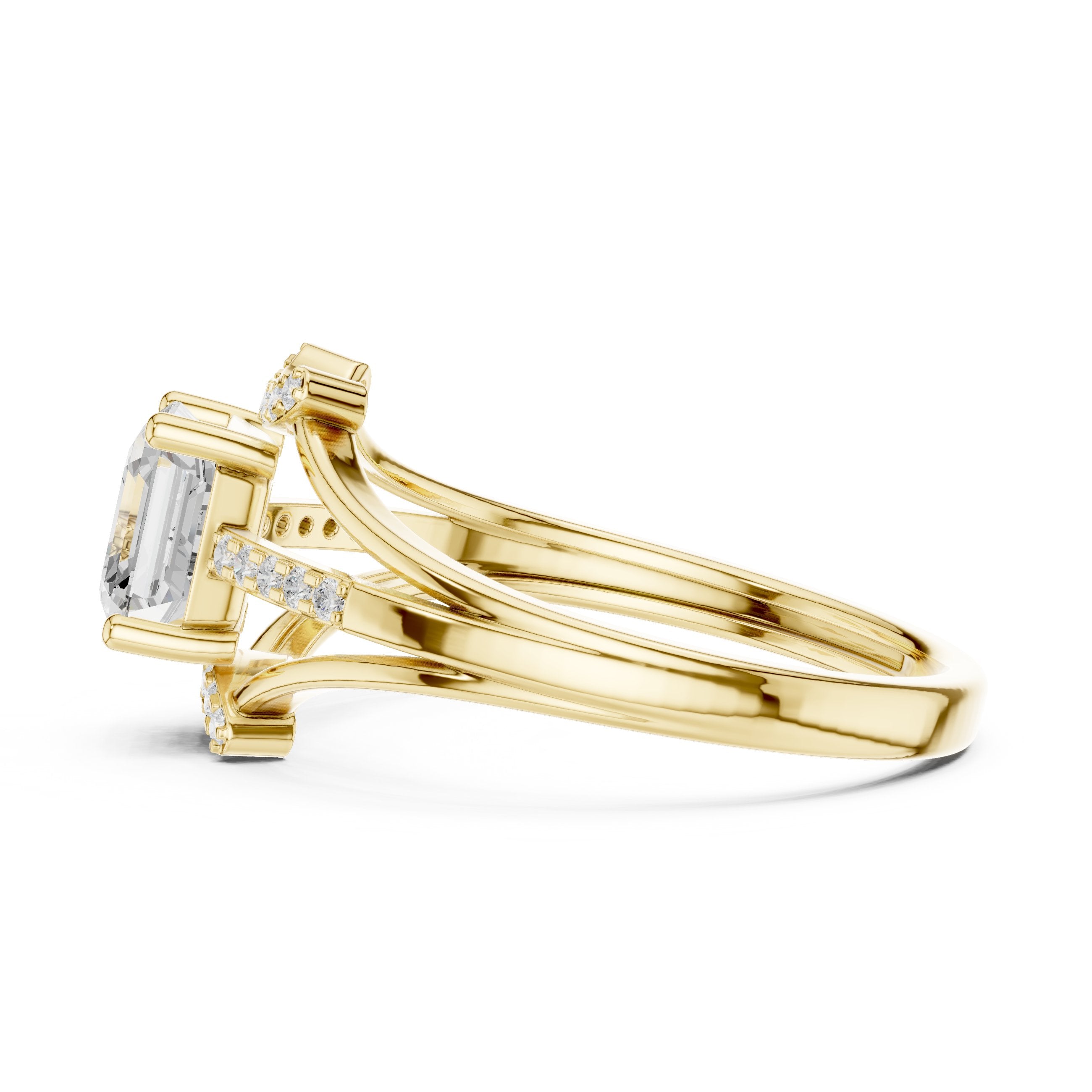 Asscher Cut Engagement Ring with Geometric Crown and Split Shank Pavé in Yellow Gold - VYKA Diamonds