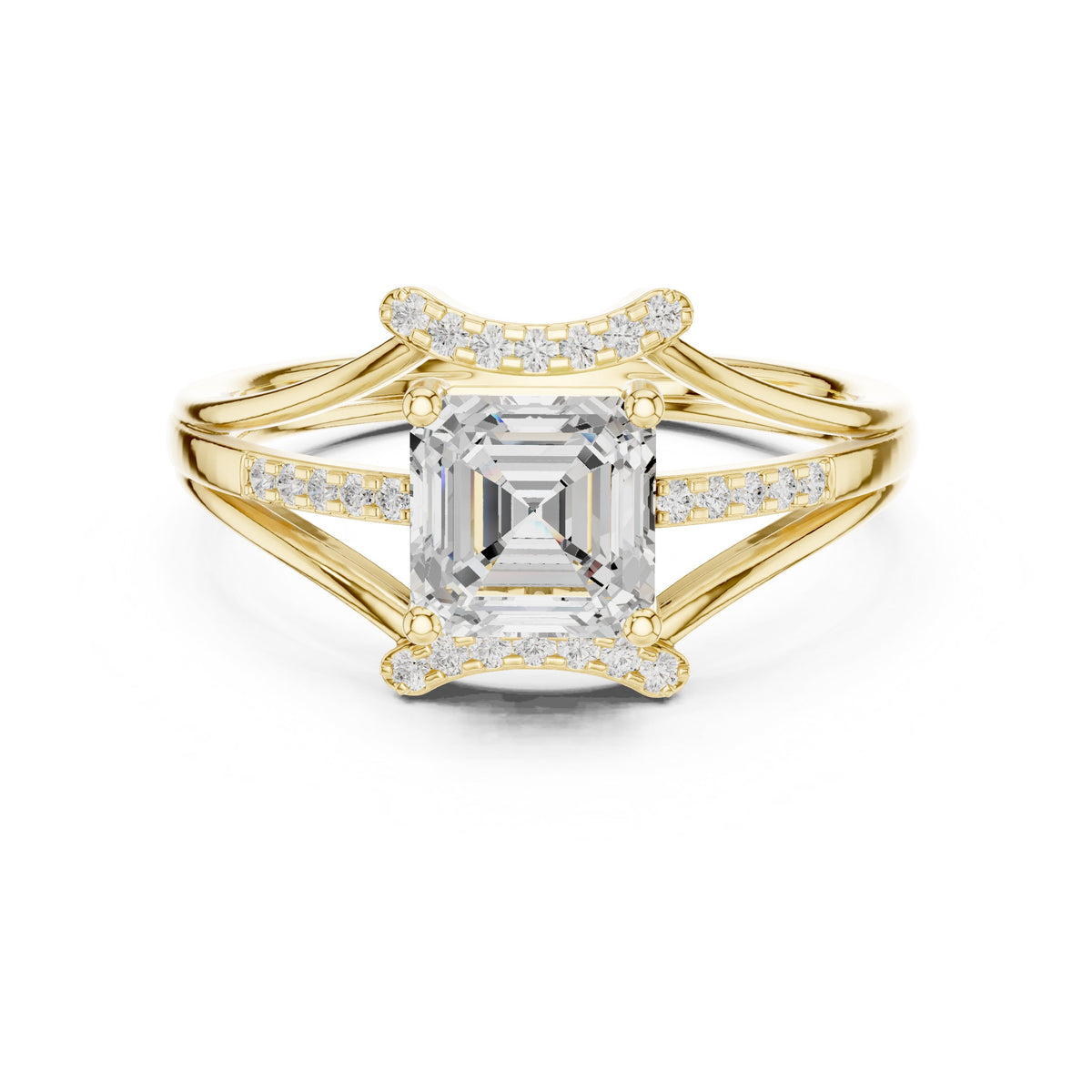 Asscher Cut Engagement Ring with Geometric Crown and Split Shank Pavé